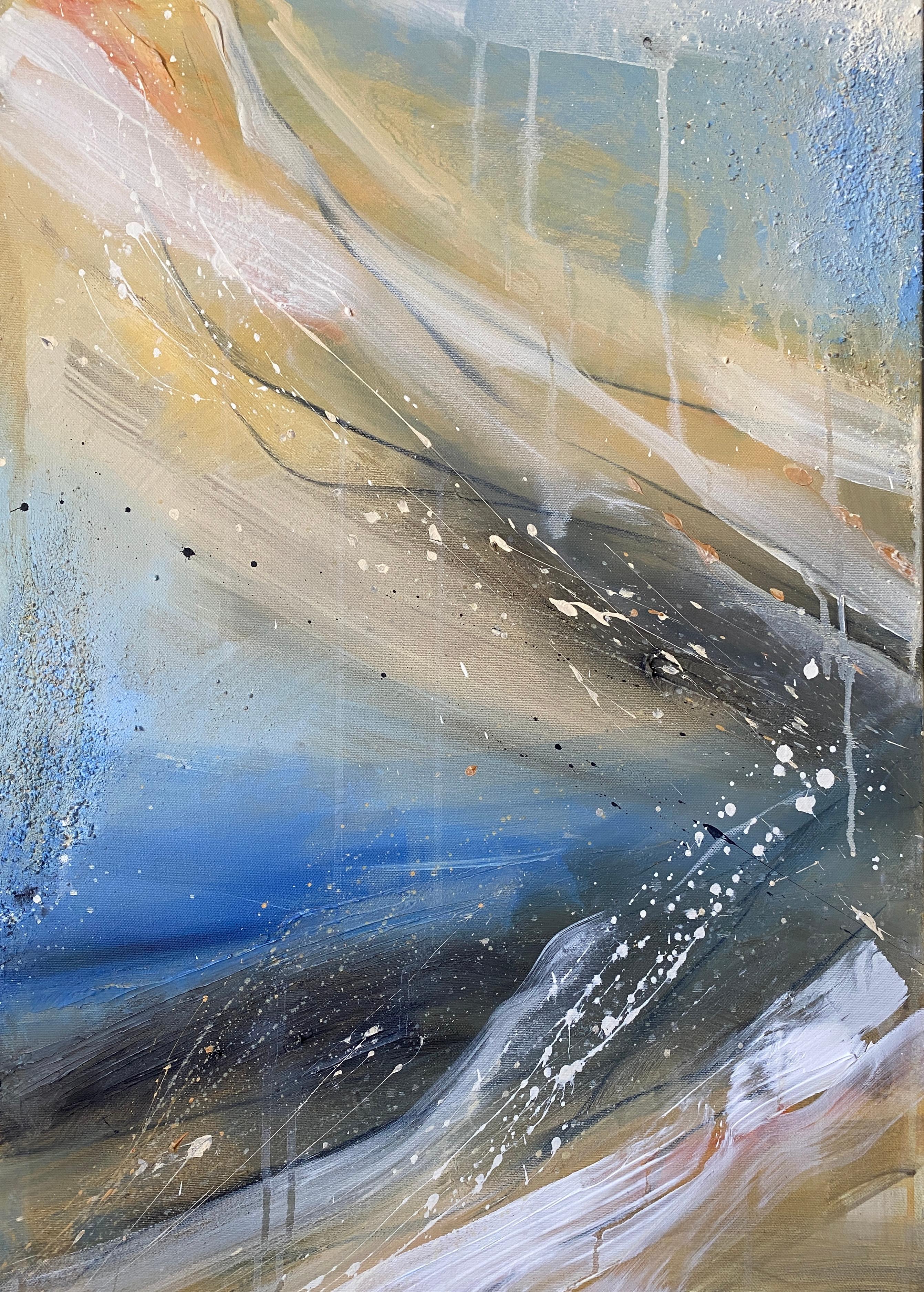 HELEN MOUNT Landscape Painting – Authentic Desires/4 – Large Abstract Acrylic Painting in Beige, Blue and White