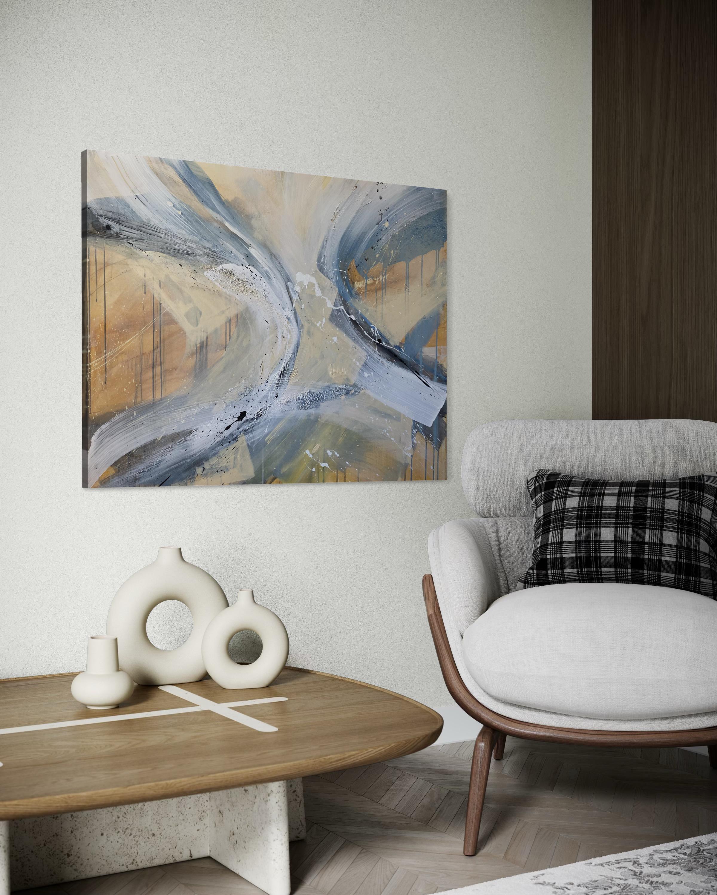Authentic Desires/5 – Large Abstract Acrylic Painting in Beige, Blue and White For Sale 12