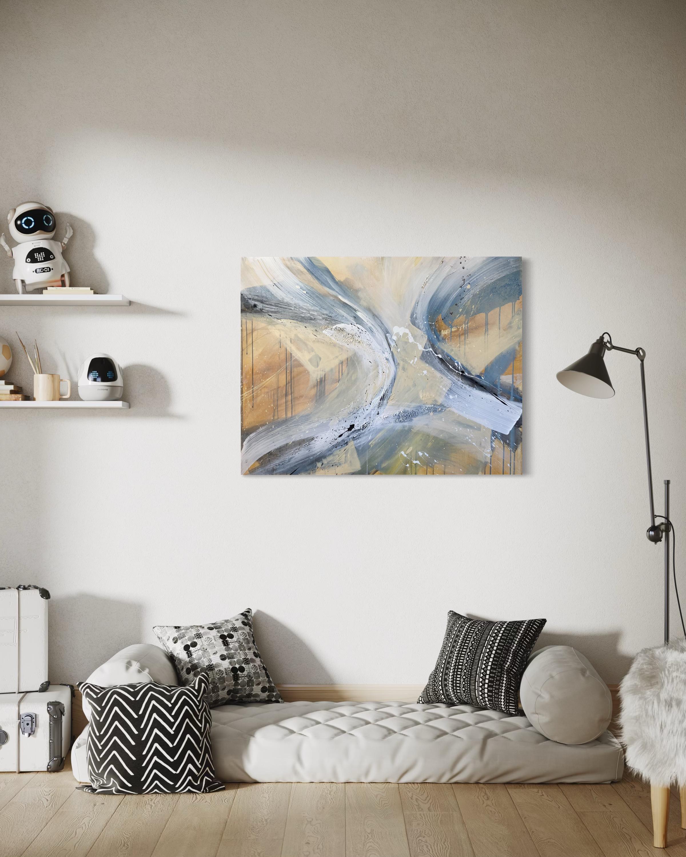 Authentic Desires/5 – Large Abstract Acrylic Painting in Beige, Blue and White For Sale 13