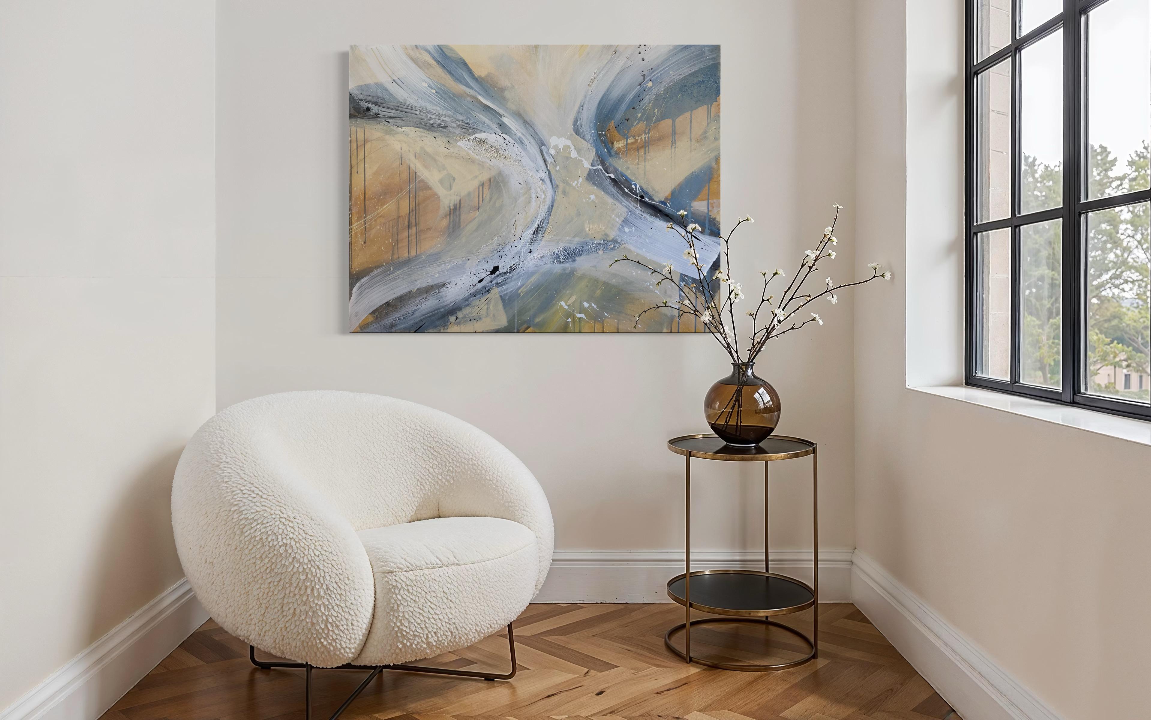 Authentic Desires/5 – Large Abstract Acrylic Painting in Beige, Blue and White For Sale 14