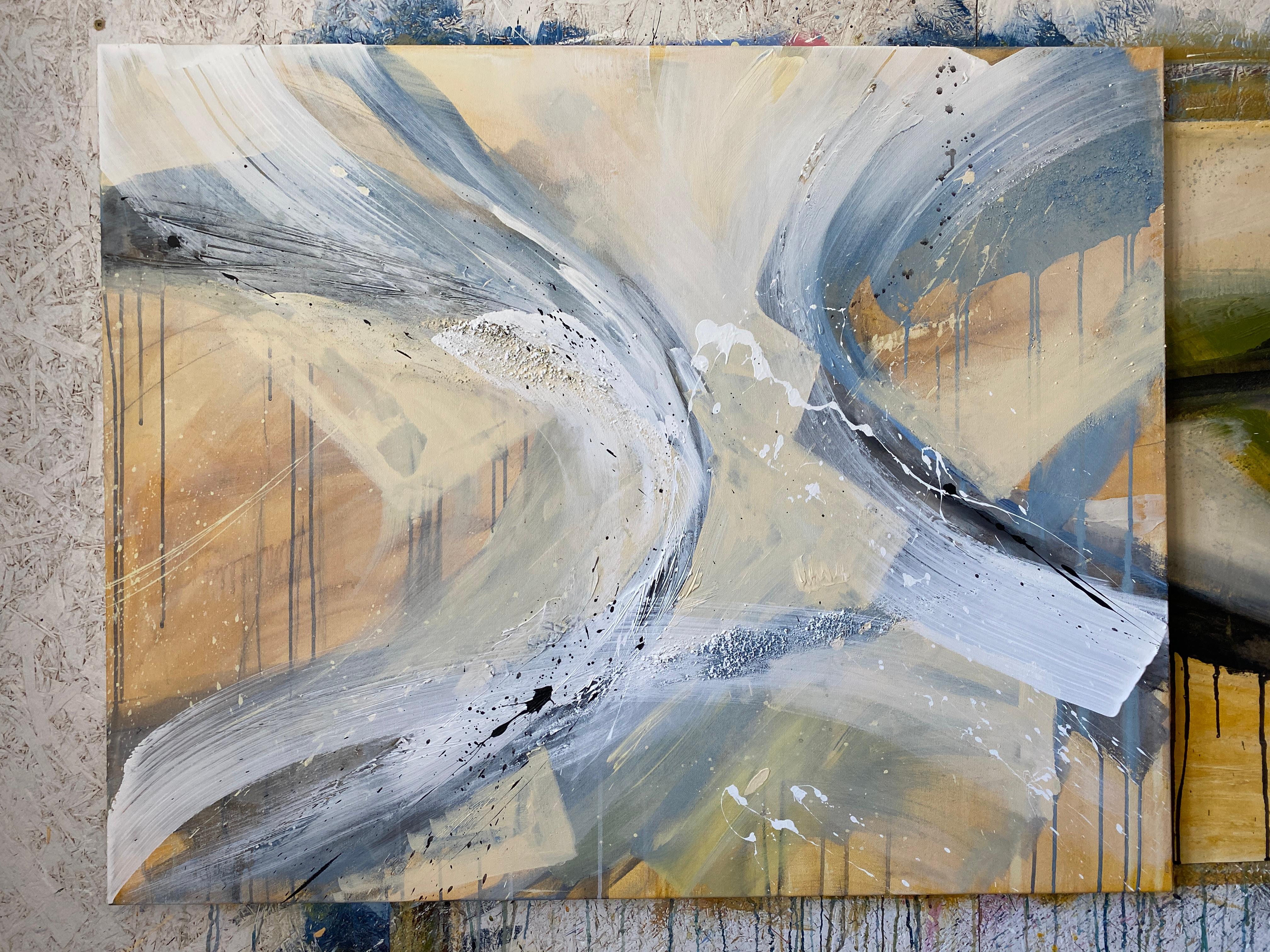 Authentic Desires/5 ��– Large Abstract Acrylic Painting in Beige, Blue and White - Gray Landscape Painting by HELEN MOUNT