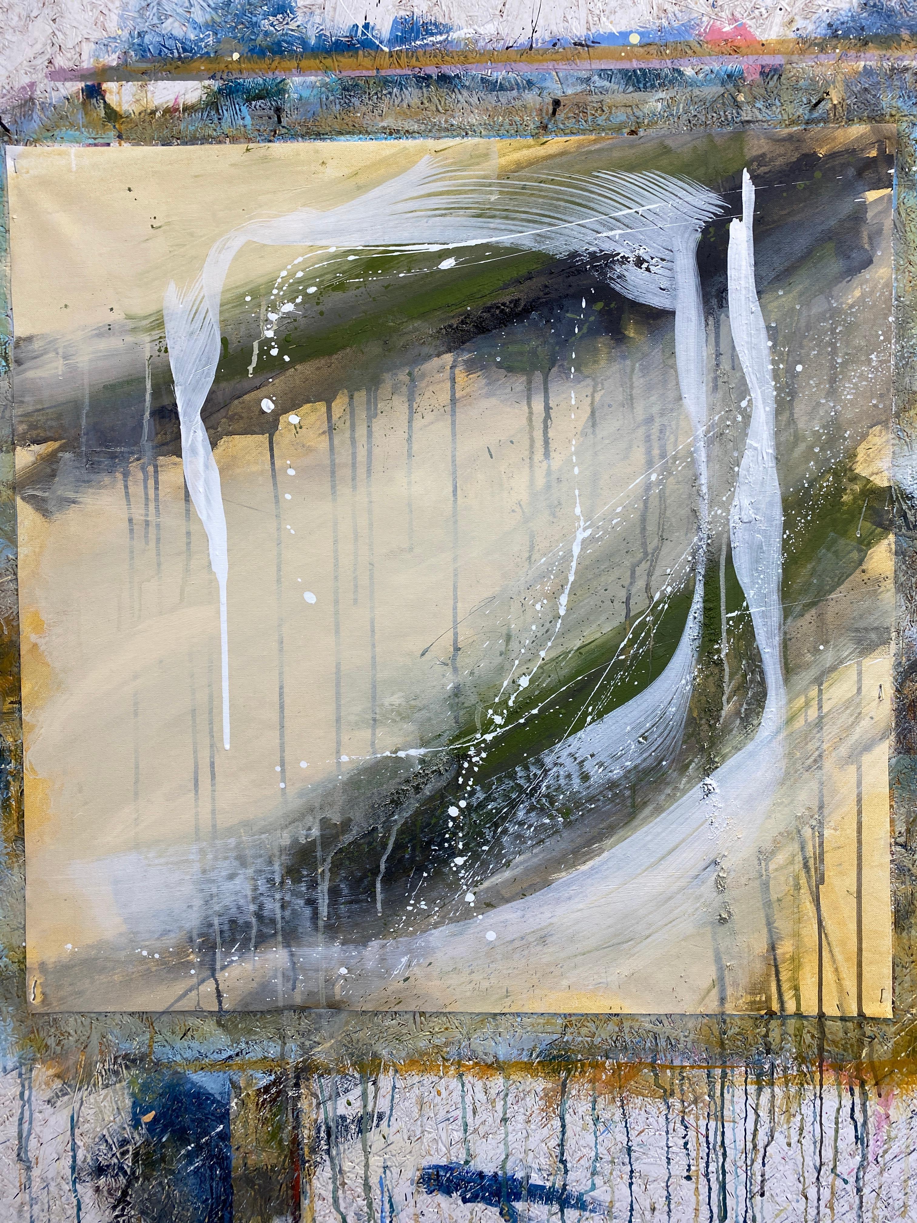 Authentic Desires/6 - Abstrakte Acrylmalerei in Beige, Weiß und Olivgrün (Zeitgenössisch), Painting, von HELEN MOUNT