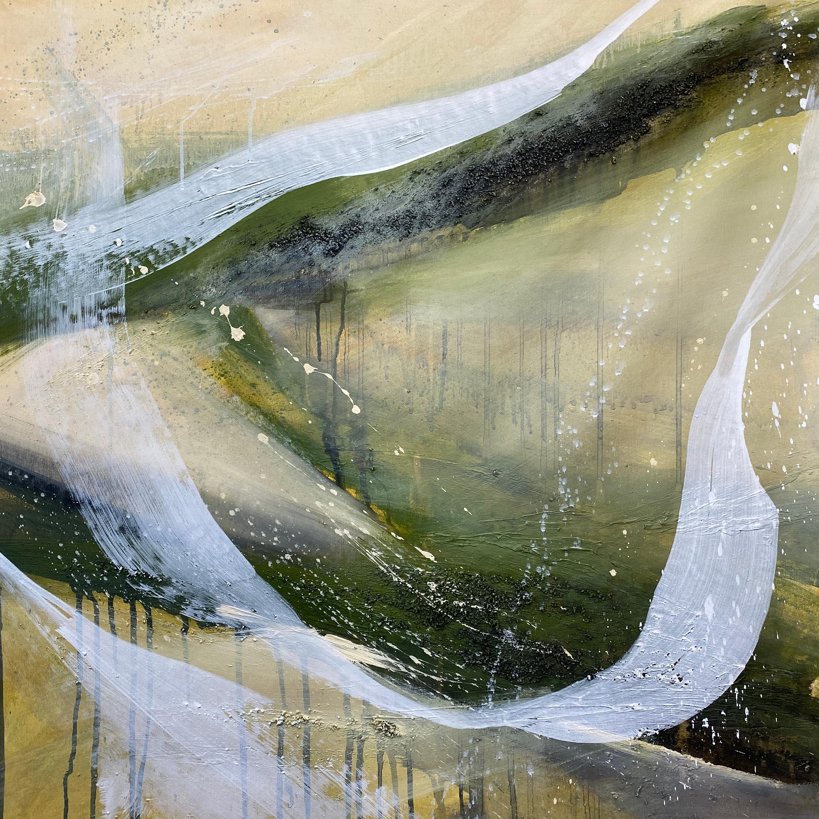 Authentic Desires/7 - Abstrakte Acrylmalerei in Beige, Weiß und Olivgrün