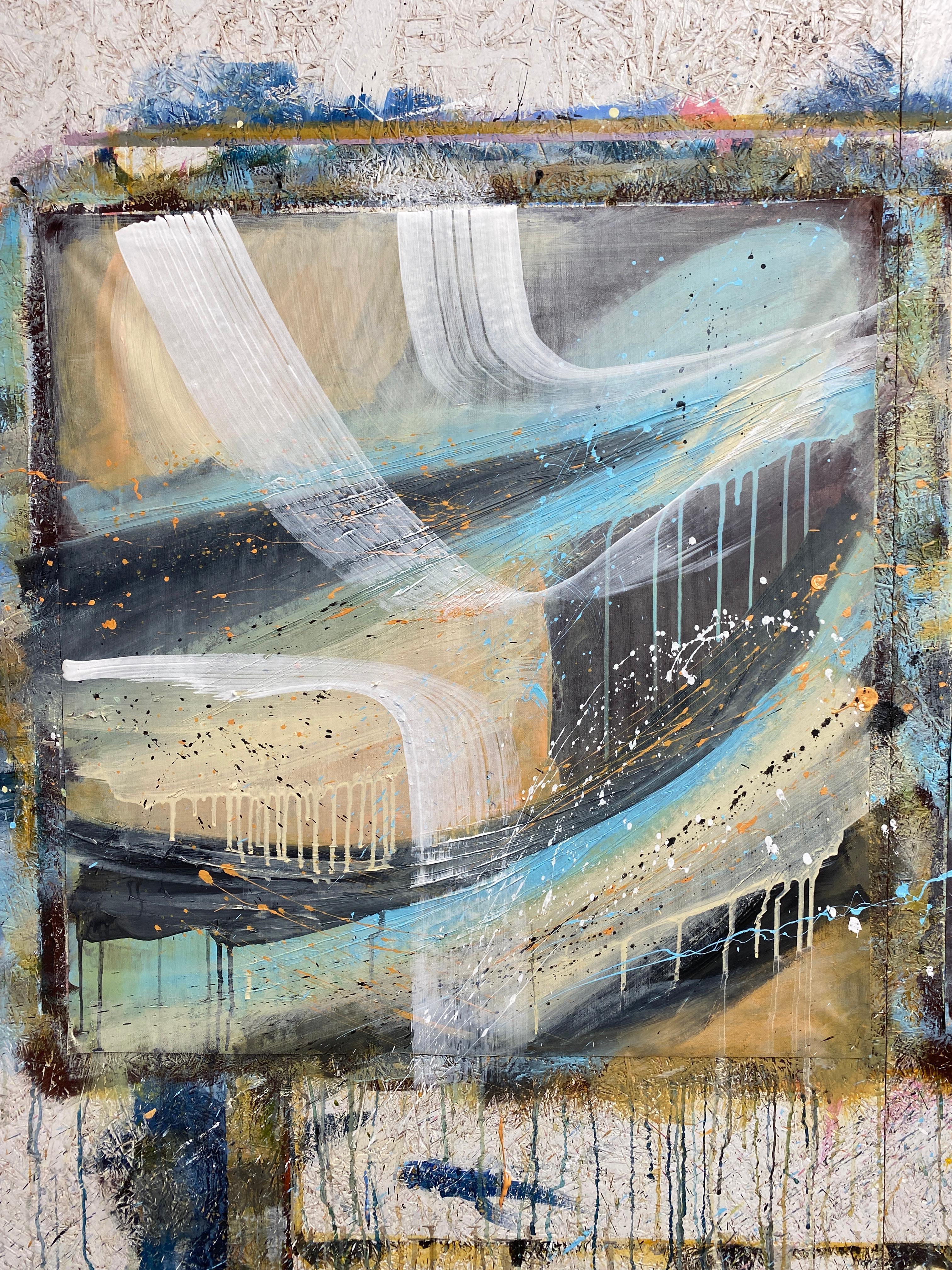 Authentic Desires/8 - Abstrakte Acrylmalerei in Türkis, Beige Weiß Dynami – Painting von HELEN MOUNT