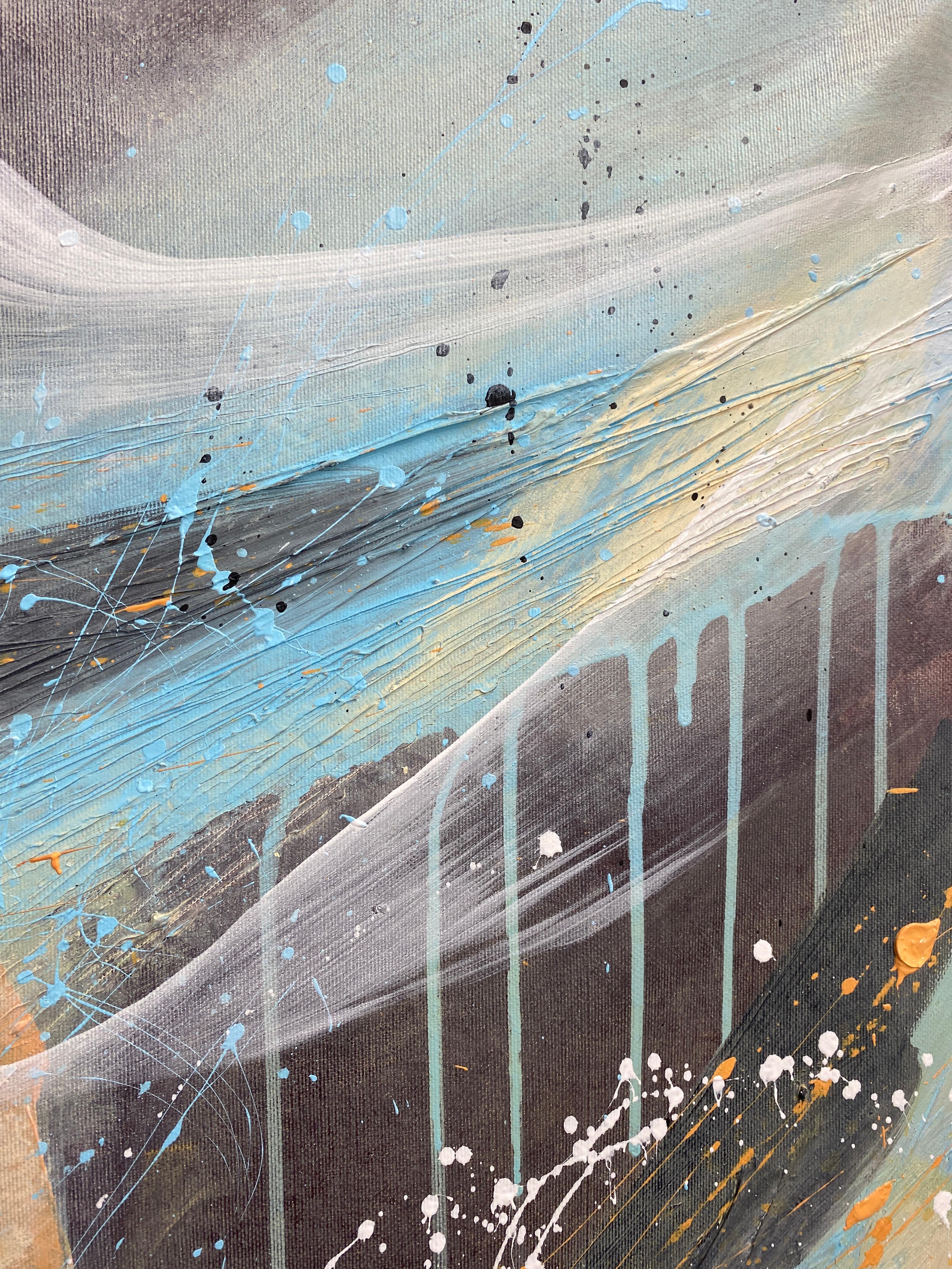 Authentic Desires/8 - Abstrakte Acrylmalerei in Türkis, Beige Weiß Dynami (Grau), Landscape Painting, von HELEN MOUNT