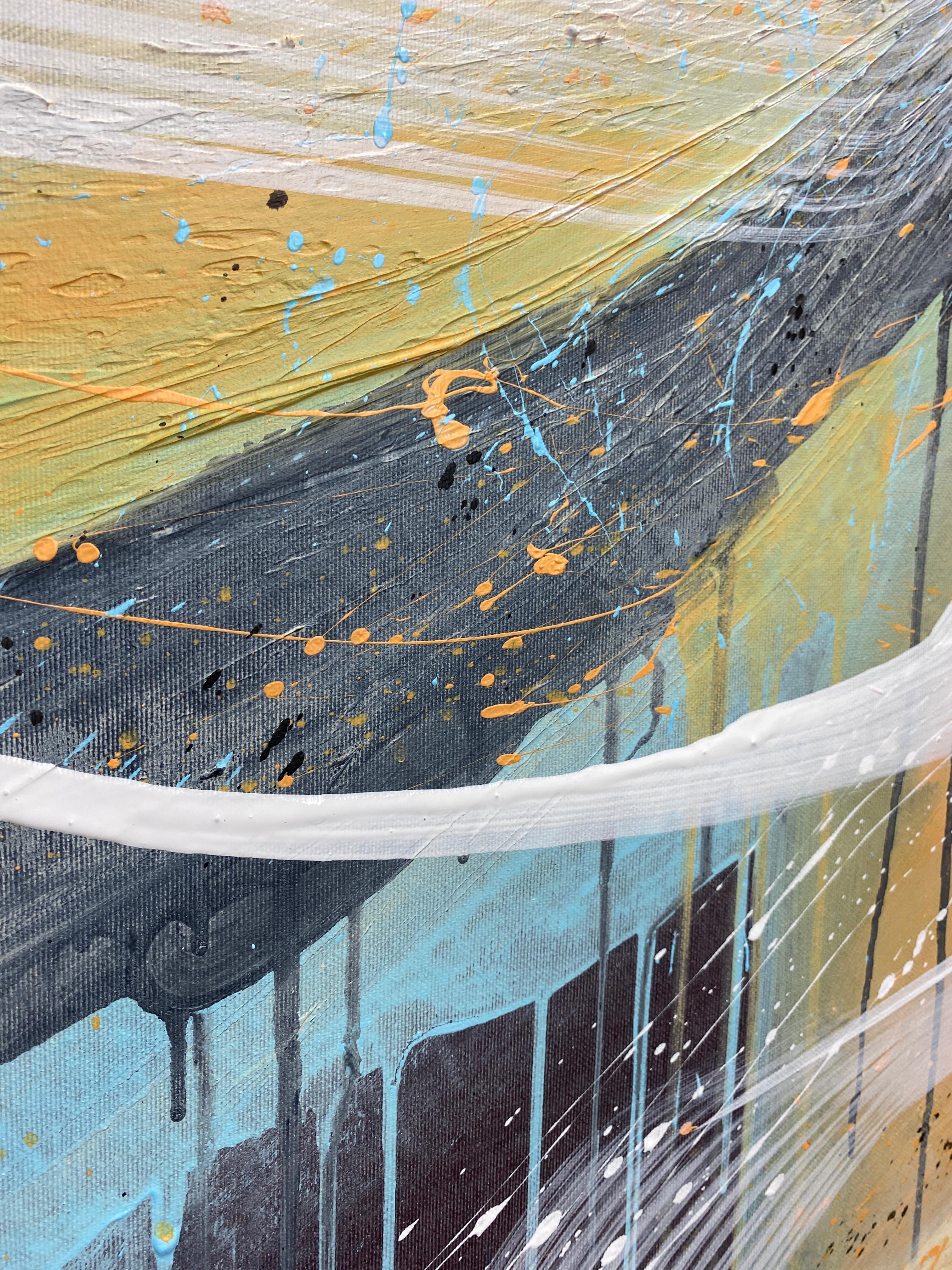 Authentic Desires/9- Abstraktes Acrylgemälde in Türkis, Beige Weiß Dynami (Grau), Landscape Painting, von HELEN MOUNT