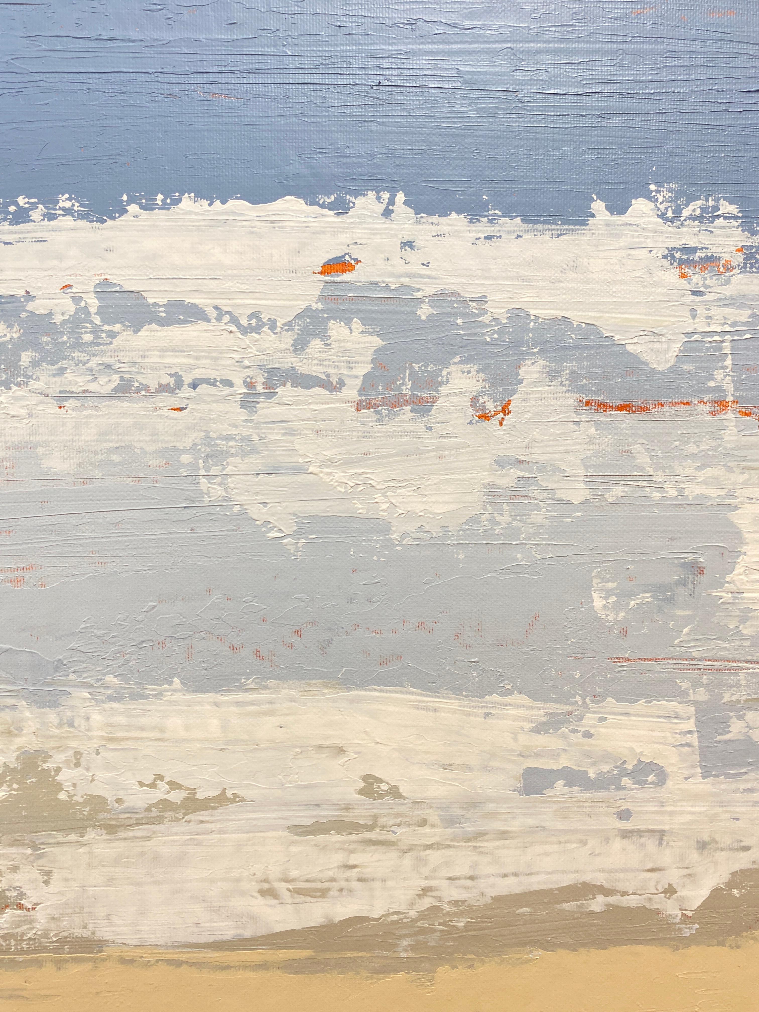 This painting from the series “Autumn Talks” captures the soft but rich palette of the fall season. Layers of white and blue tones float over a colorful landscape, creating a dynamic sky that reflects the transience of time. Below it, the earth