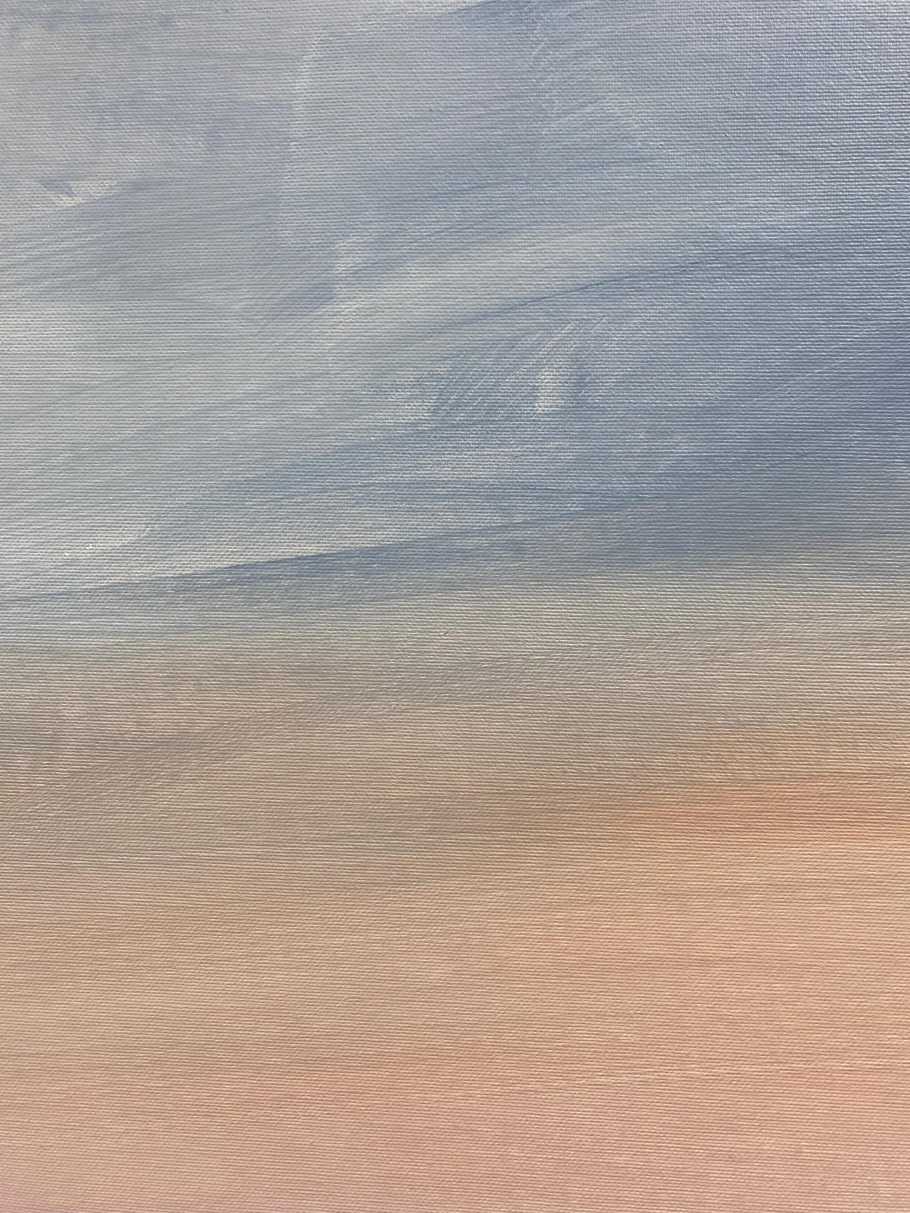 This painting is a gentle metaphor for support and hope. The deep dark fields meet the bright light of the horizon, which seems to hold and envelop the space with calm. Pastel shades of the sky and drops of paint in the foreground symbolize chaos