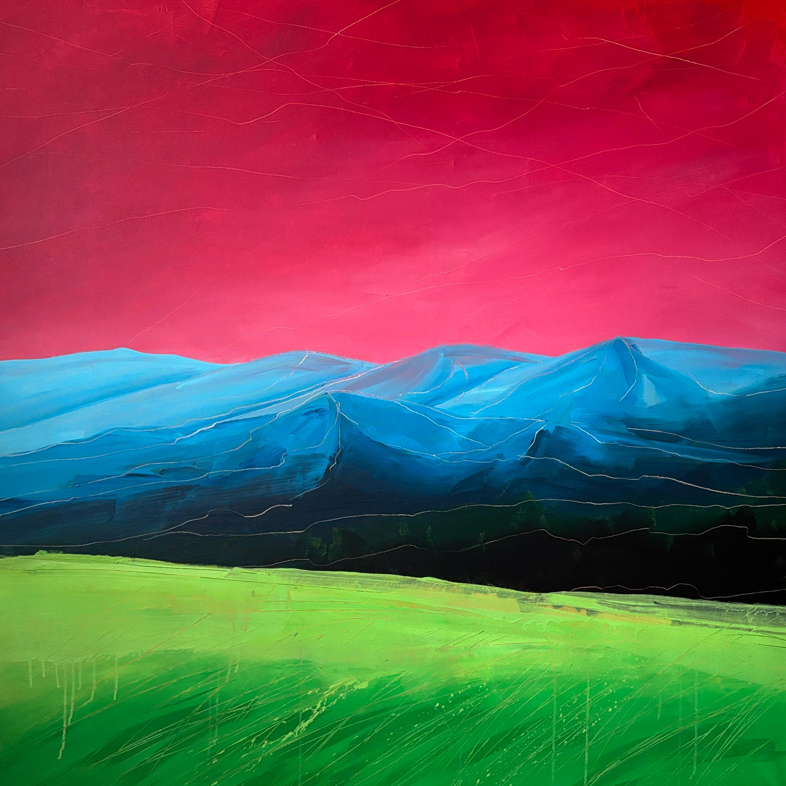 HELEN MOUNT Interior Painting - Lush Summer/2 – Vibrant Contemporary Mountain Landscape in Pink, Blue and Lime