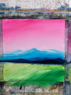 Verano exuberante/3 – Pintura paisajística contemporánea con cielo rosa y montañas azules