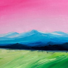 Verano exuberante/3 – Pintura paisajística contemporánea con cielo rosa y montañas azules