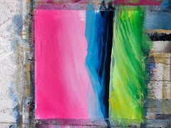 Lush Summer/4 – Dipinto paesaggistico contemporaneo con cielo rosa e montagne blu