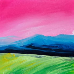 Lush Summer/4 – Dipinto paesaggistico contemporaneo con cielo rosa e montagne blu