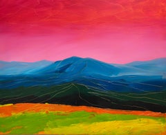 Lush Summer I - Vibrante paesaggio montano contemporaneo in rosa, blu e lime