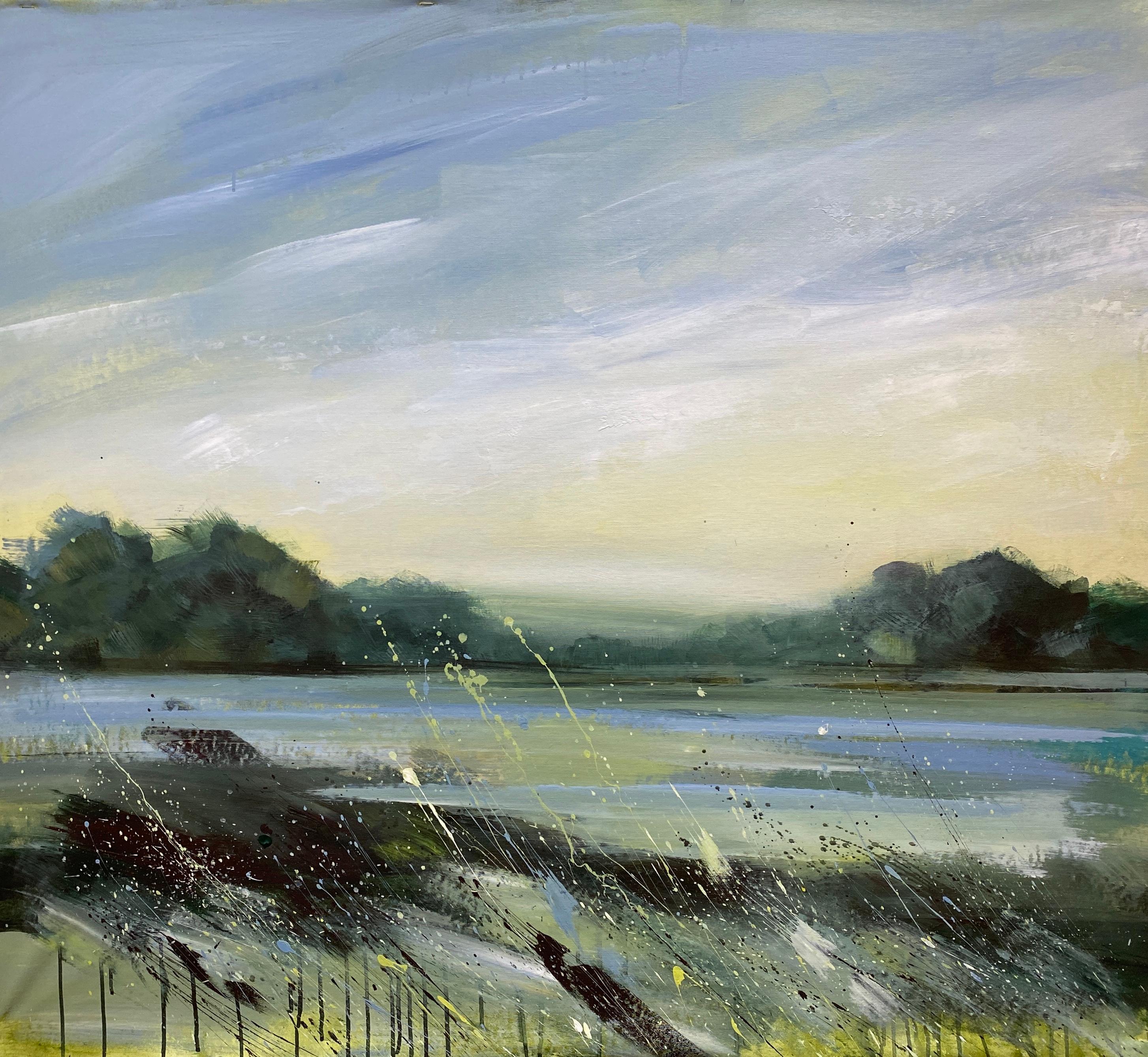 HELEN MOUNT Landscape Painting – Native Land / Große Acrylgemälde von Flüssen und Feldern Gelassenheit