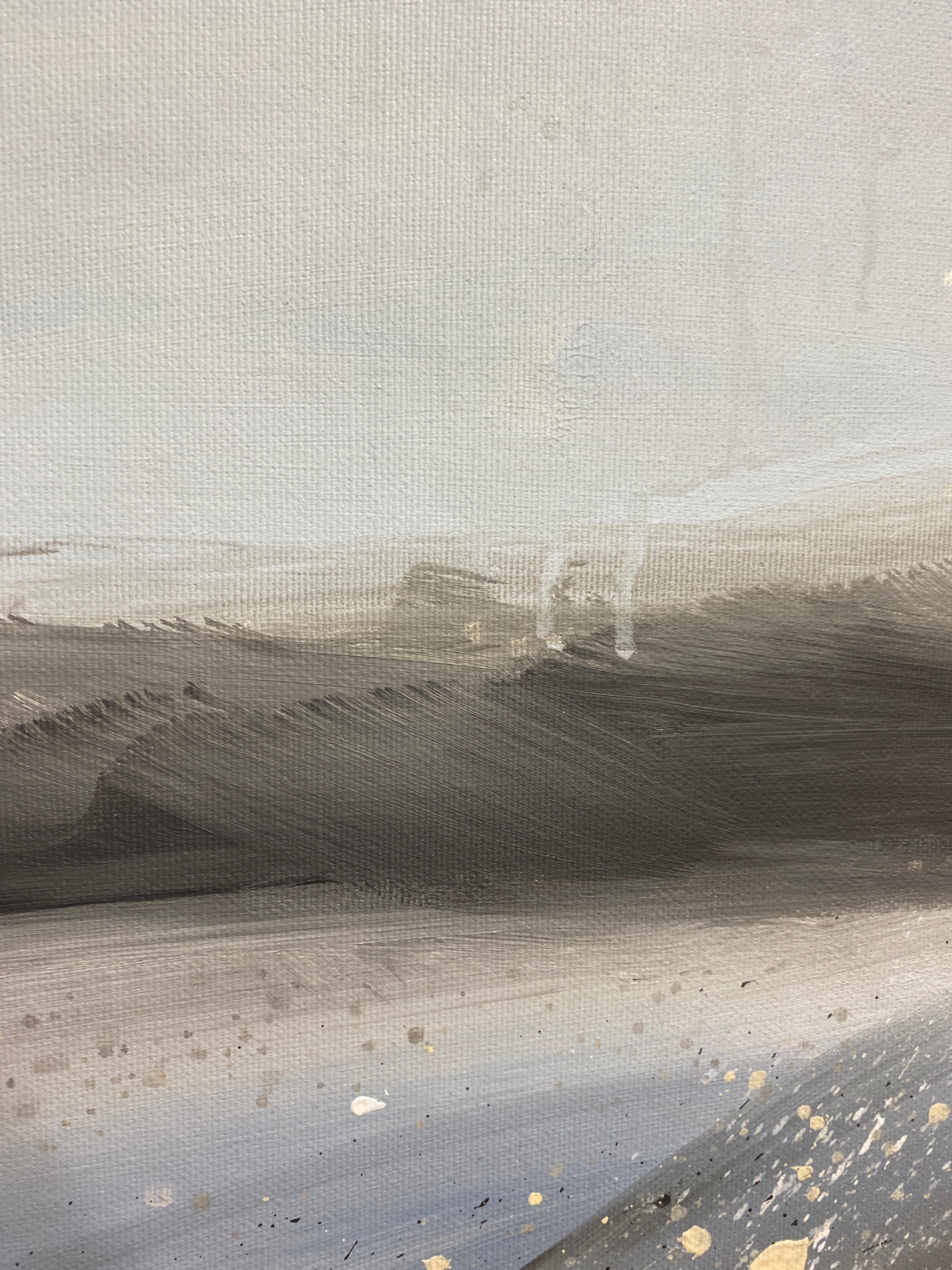 

This painting takes the viewer into a state of calm and reflection. The horizon lines dissolve in transparent shades of gray, like a hint of a dream of a world where silence and harmony reign. Paint splashes remind us of traces of thoughts moving
