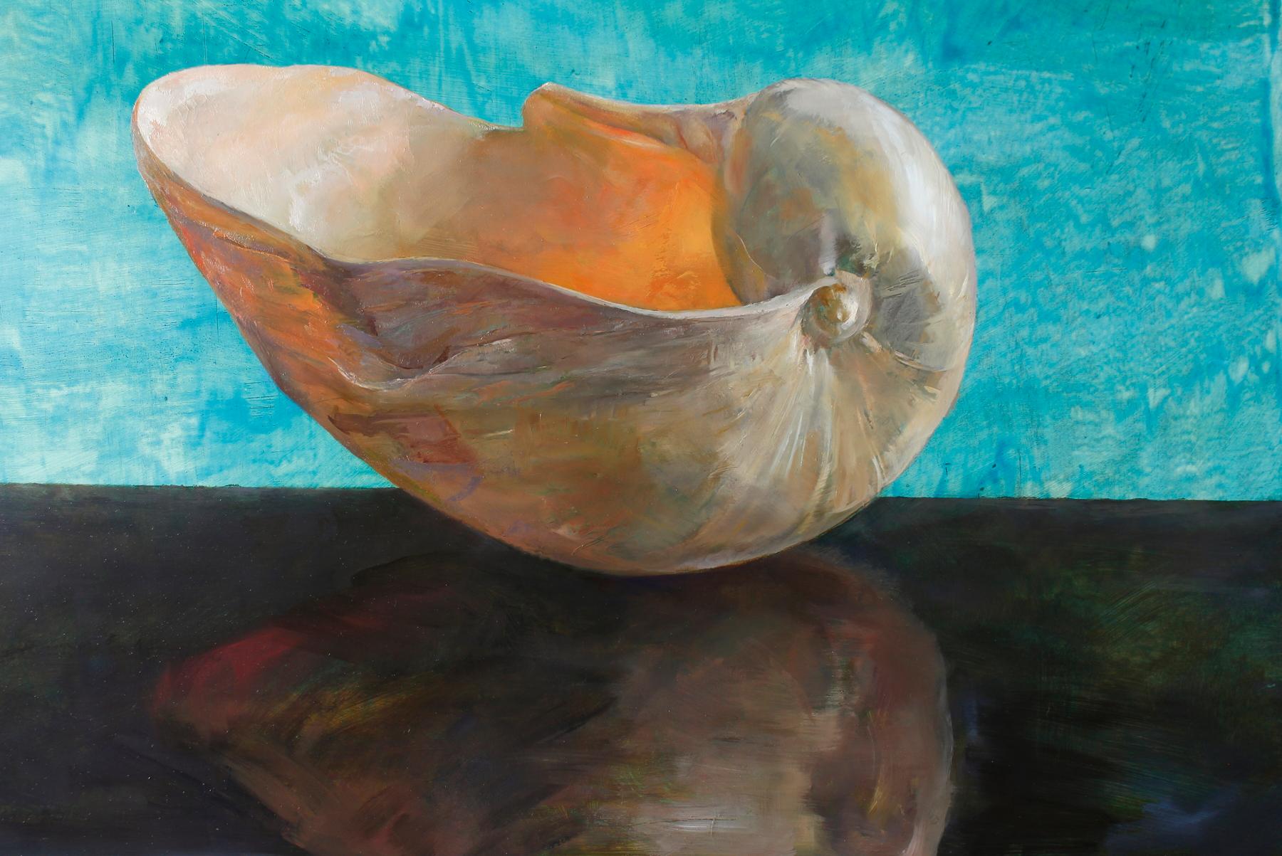 Aqua Bailer Shell - Single Bailer Sea Shell on Brown Table w/ Watered Backdrop - Painting by Helen Oh