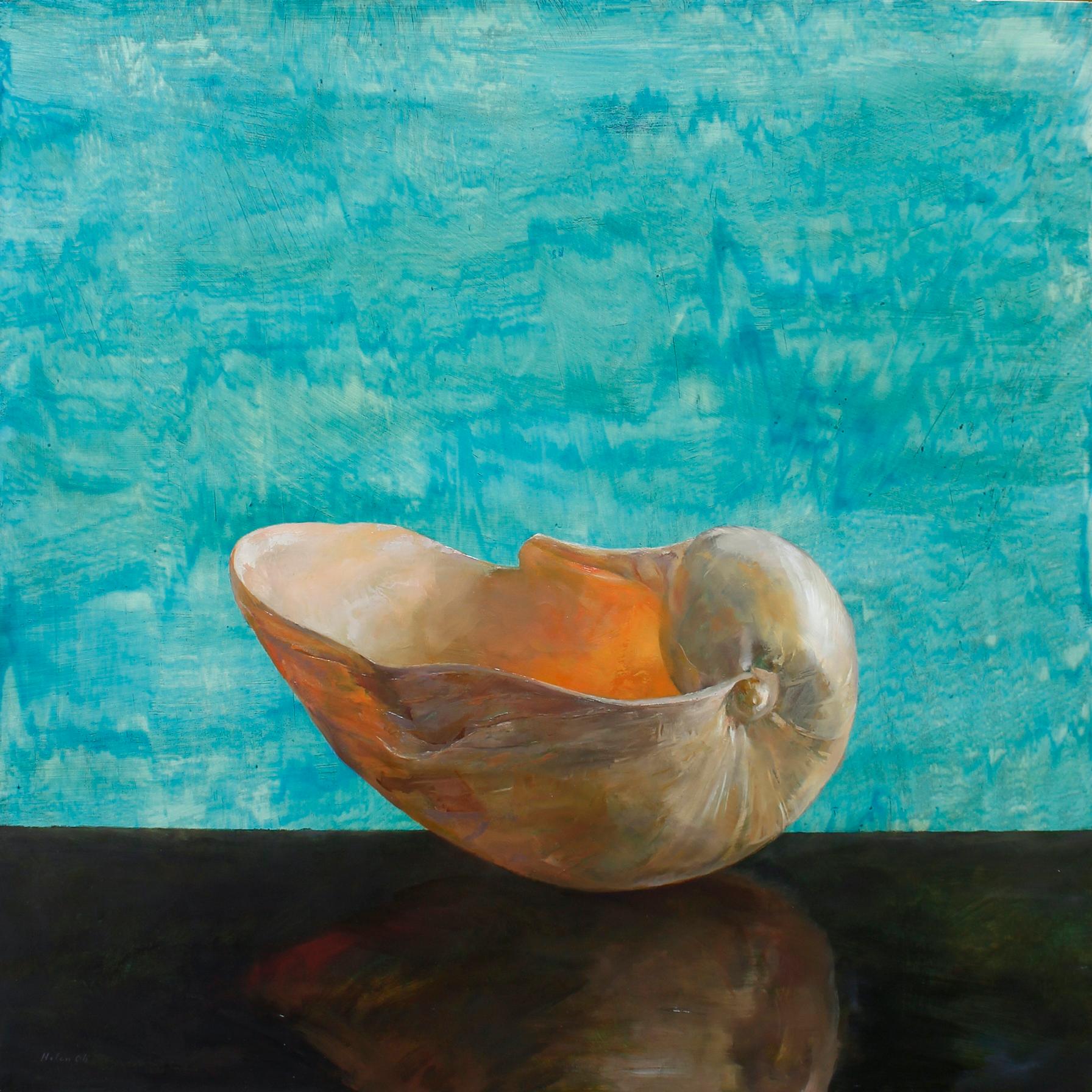 Helen Oh Still-Life Painting - Aqua Bailer Shell - Single Bailer Sea Shell on Brown Table w/ Watered Backdrop