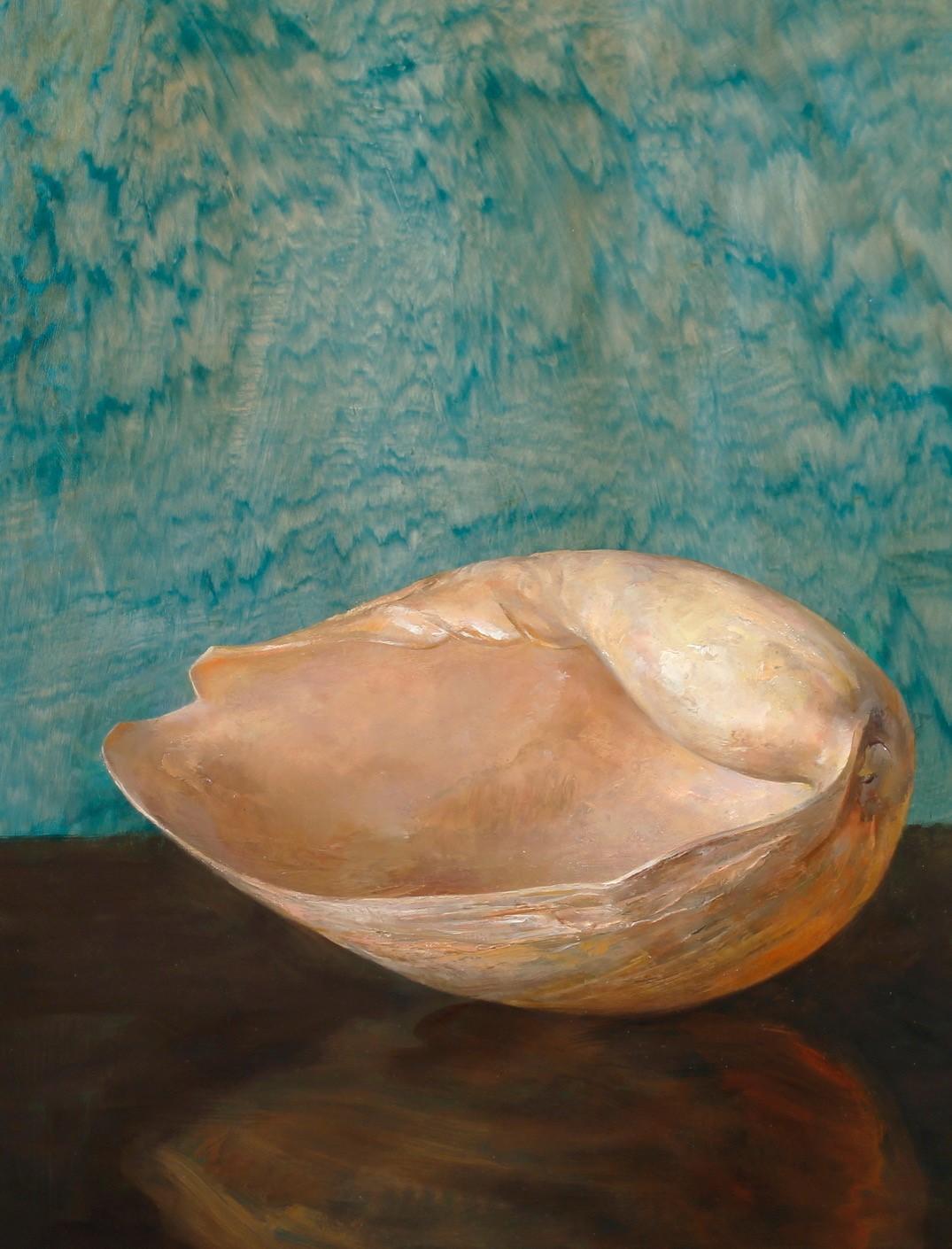 Bailer Shell - Single Bailer Sea Shell on Brown Table w/ Green Watered Backdrop - Painting by Helen Oh
