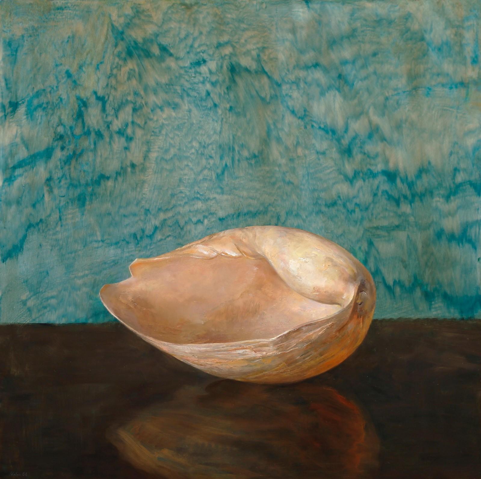 Helen Oh Animal Painting - Bailer Shell - Single Bailer Sea Shell on Brown Table w/ Green Watered Backdrop