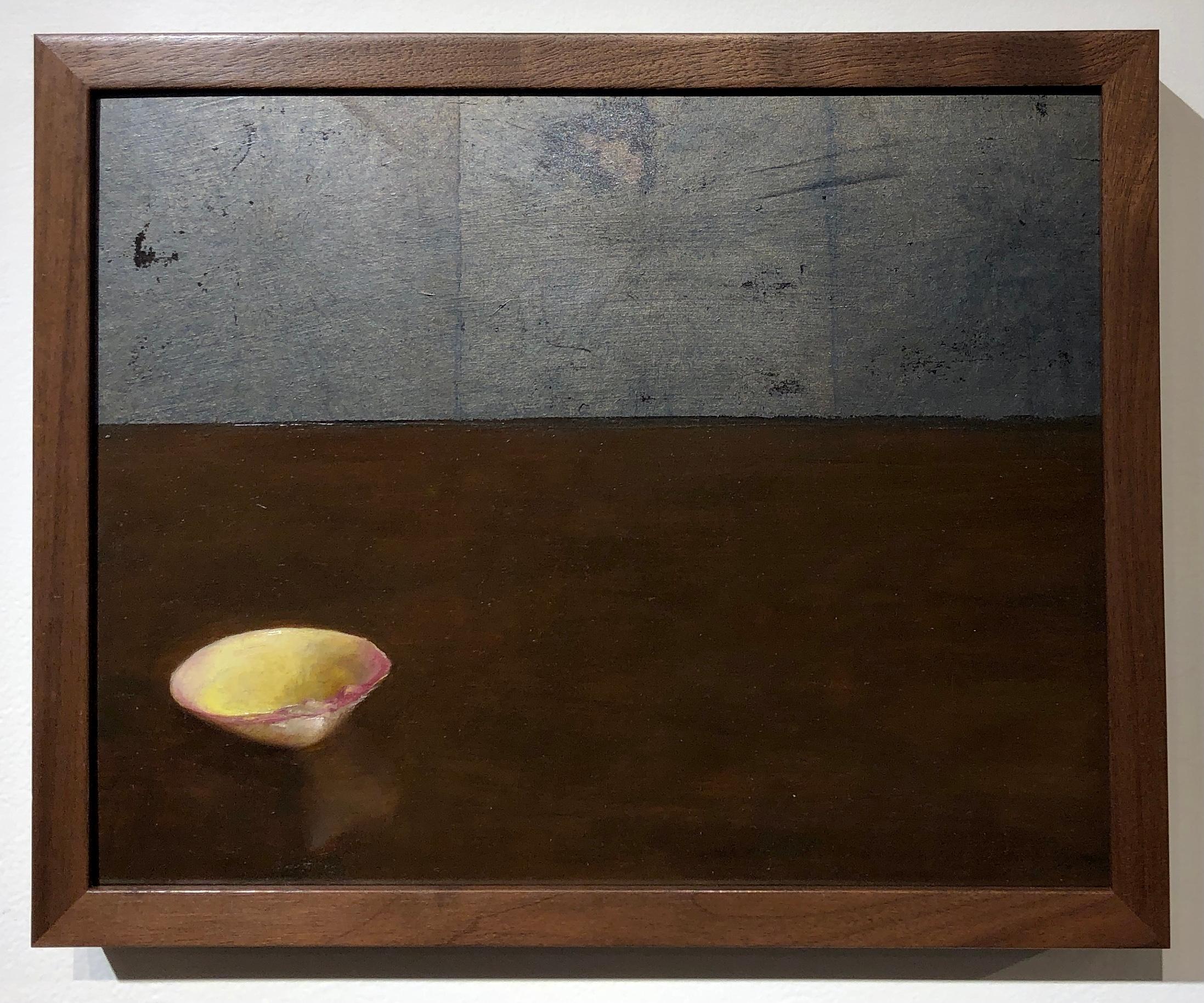 Clam Shell - Single Yellow Sea Shell on Brown Table with Silver Leaf Overlay - Painting by Helen Oh