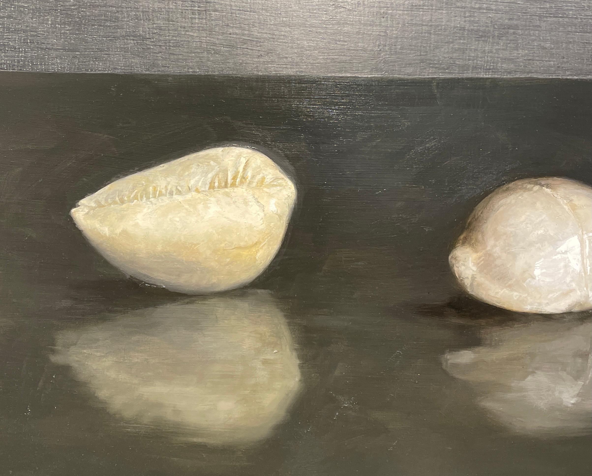 Composition with Two Shells - Original Still Life Oil Painting on Panel - Gray Animal Painting by Helen Oh