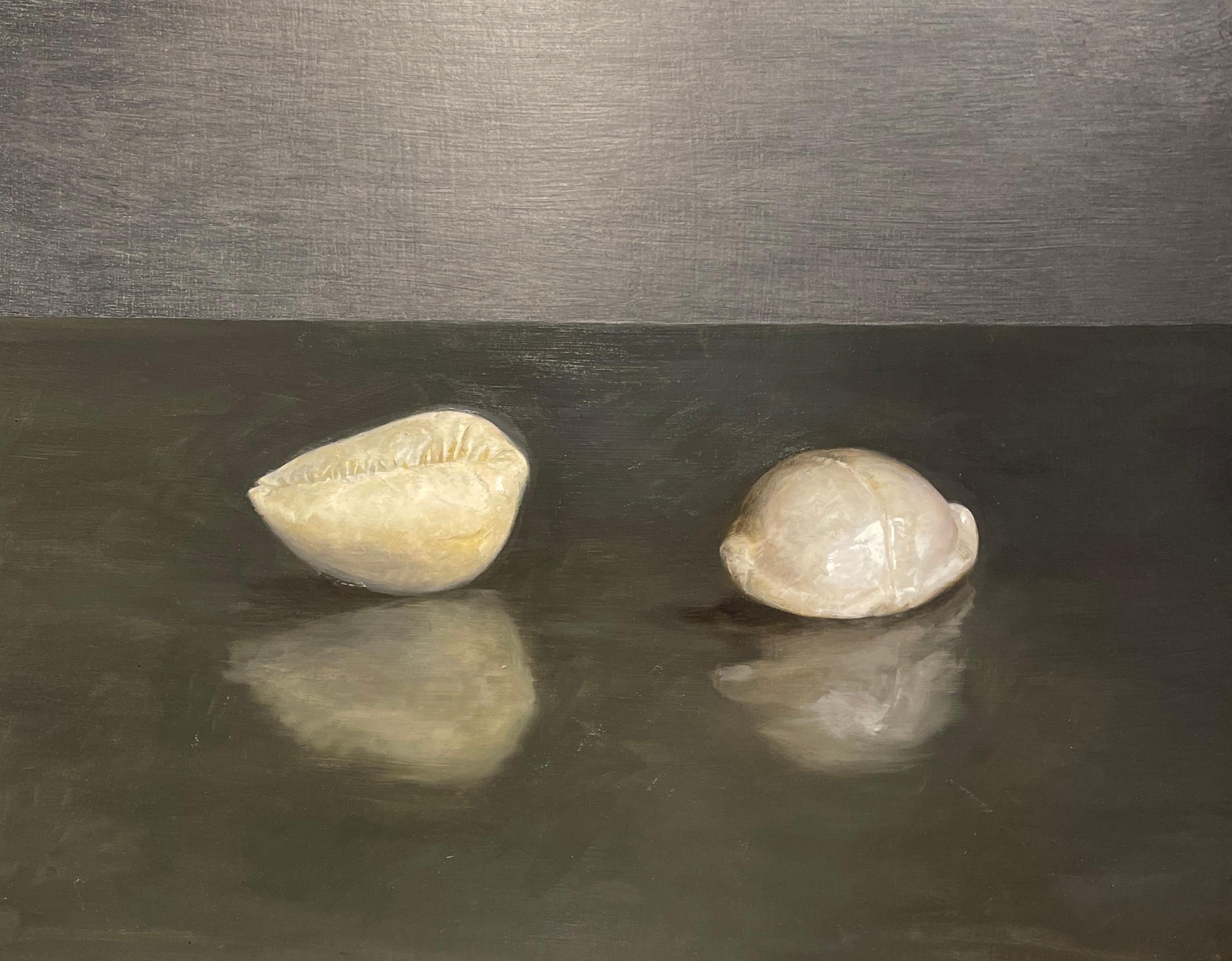 Helen Oh Animal Painting - Composition with Two Shells - Original Still Life Oil Painting on Panel