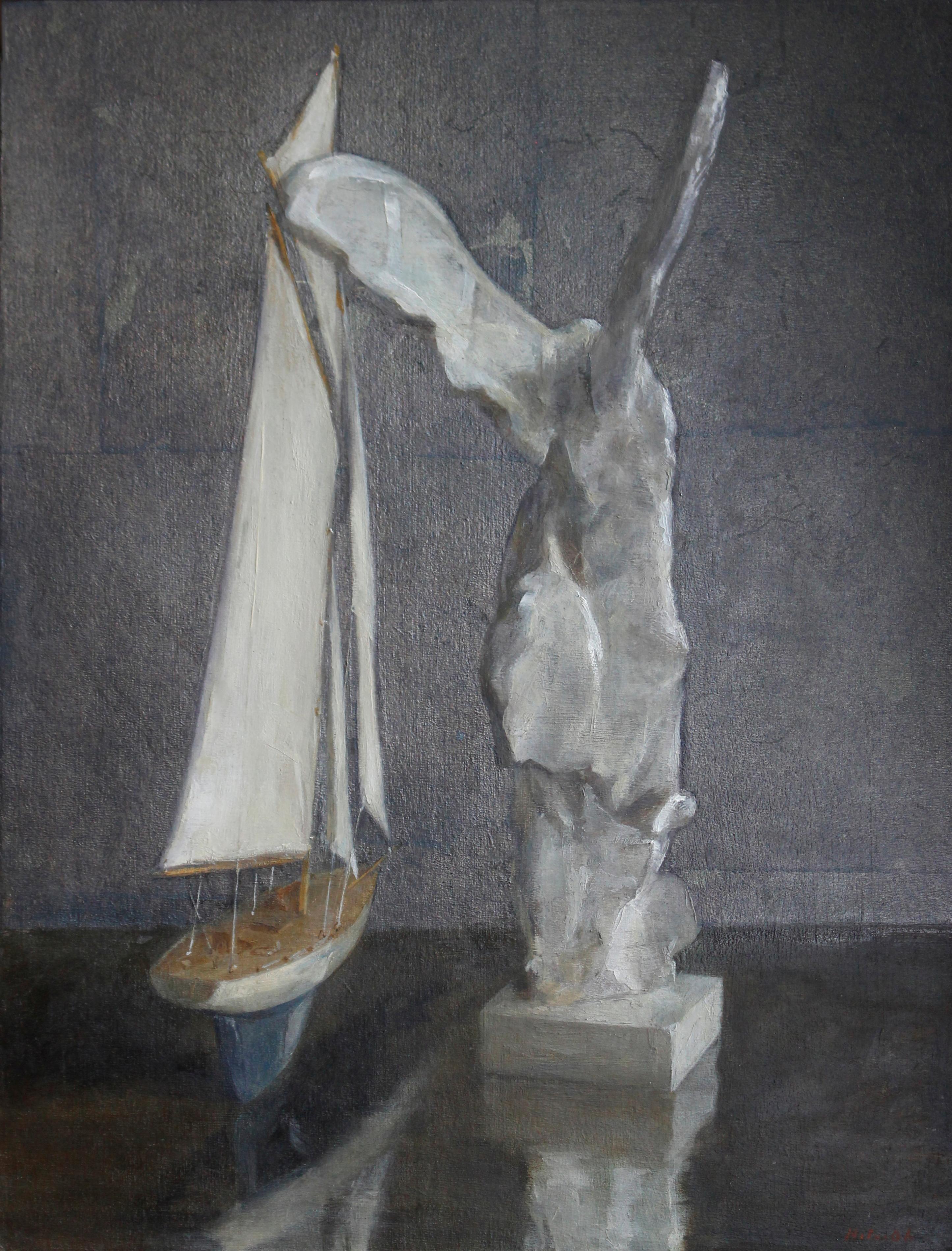 Sail and Nike - Still Life with Toy Boat and Winged Victory, Silver Leaf and Oil - Painting by Helen Oh