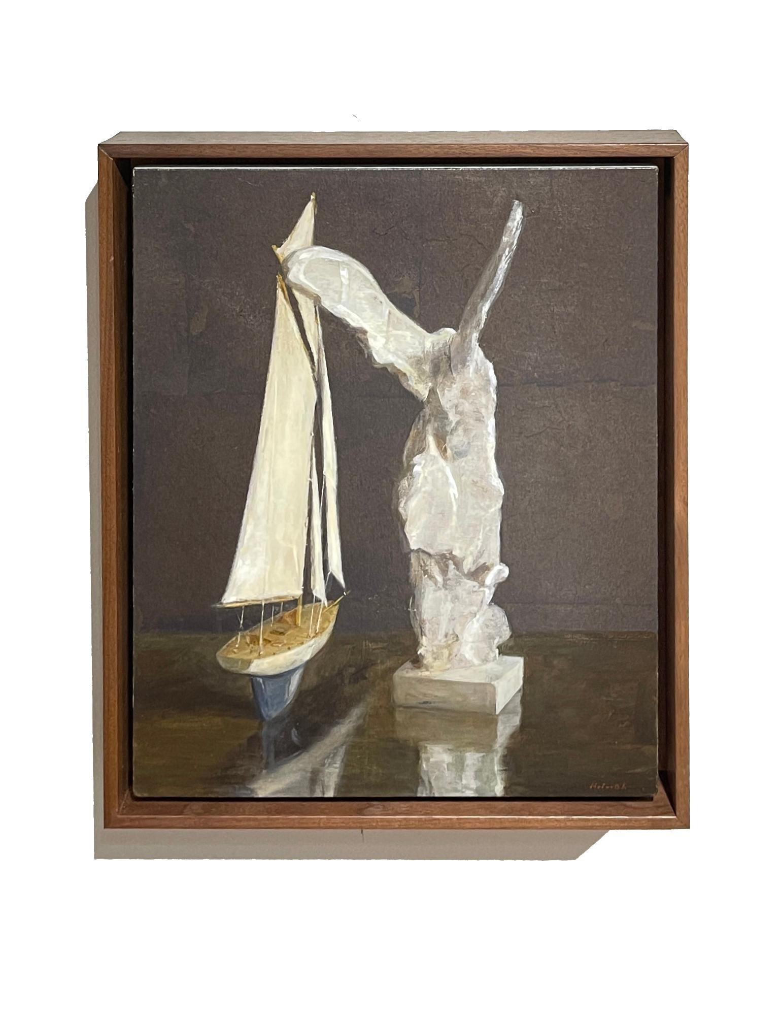 Sail and Nike - Still Life with Toy Boat and Winged Victory, Silver Leaf and Oil - Black Still-Life Painting by Helen Oh