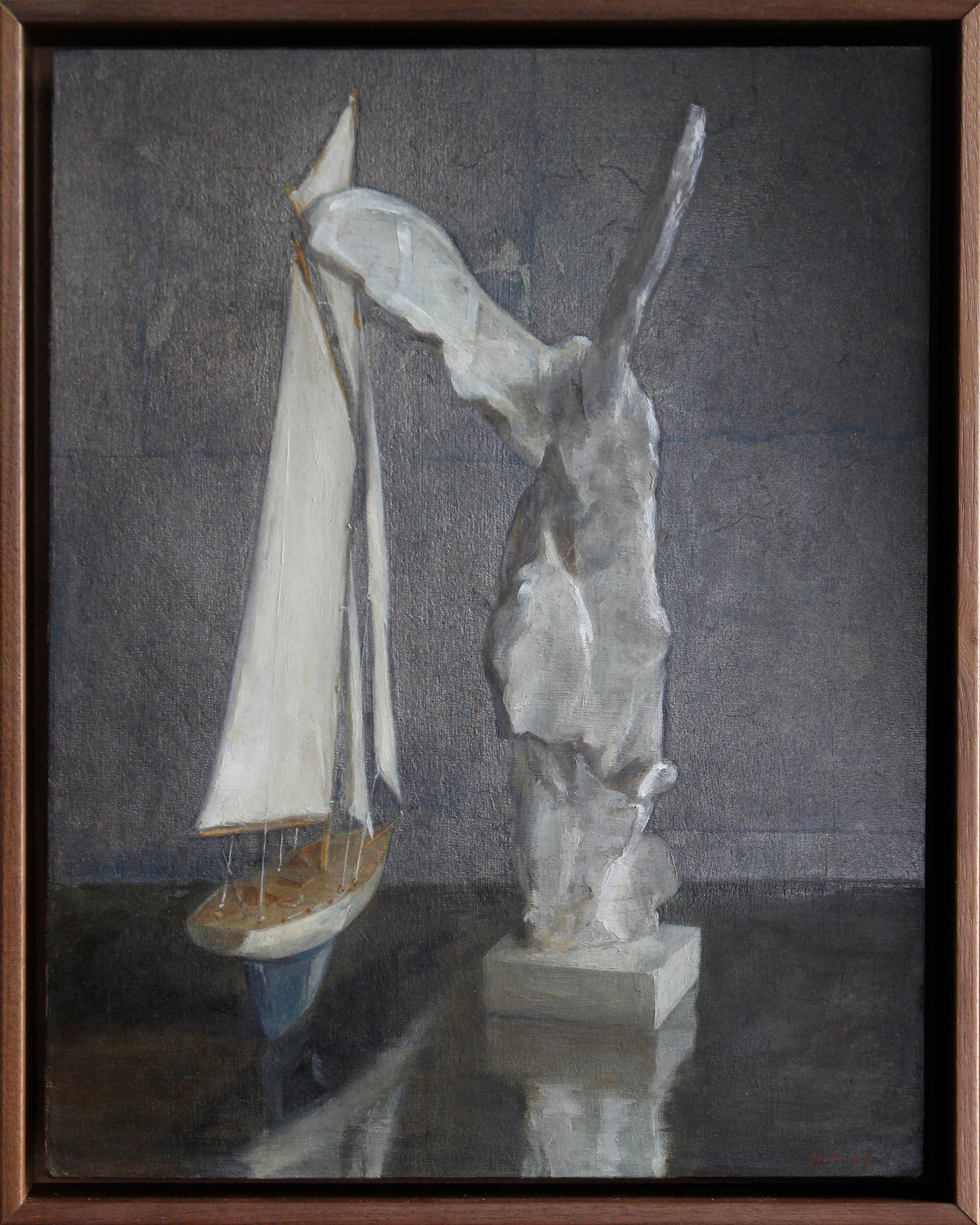 Helen Oh Still-Life Painting - Sail and Nike - Still Life with Toy Boat and Winged Victory, Silver Leaf and Oil