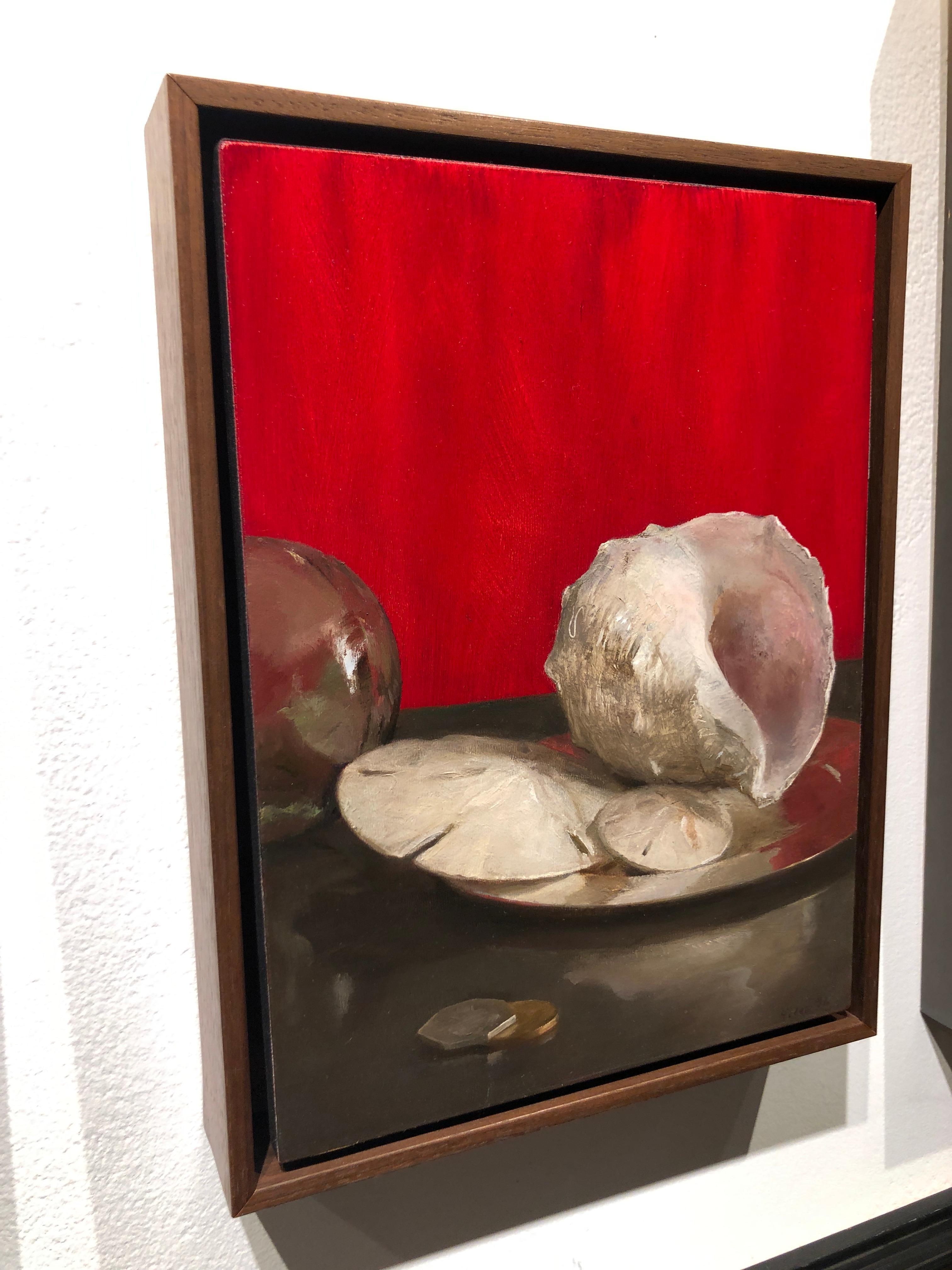 Sea Shell Still Life (Red), Original Oil Painting with Shells, Coins and Orb 1