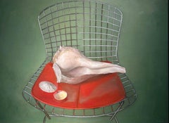 Conchas marinas sobre silla Bertoia, fondo verde intenso, óleo sobre tabla, enmarcado