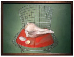 Conchas marinas sobre silla Bertoia, fondo verde intenso, óleo sobre tabla, enmarcado