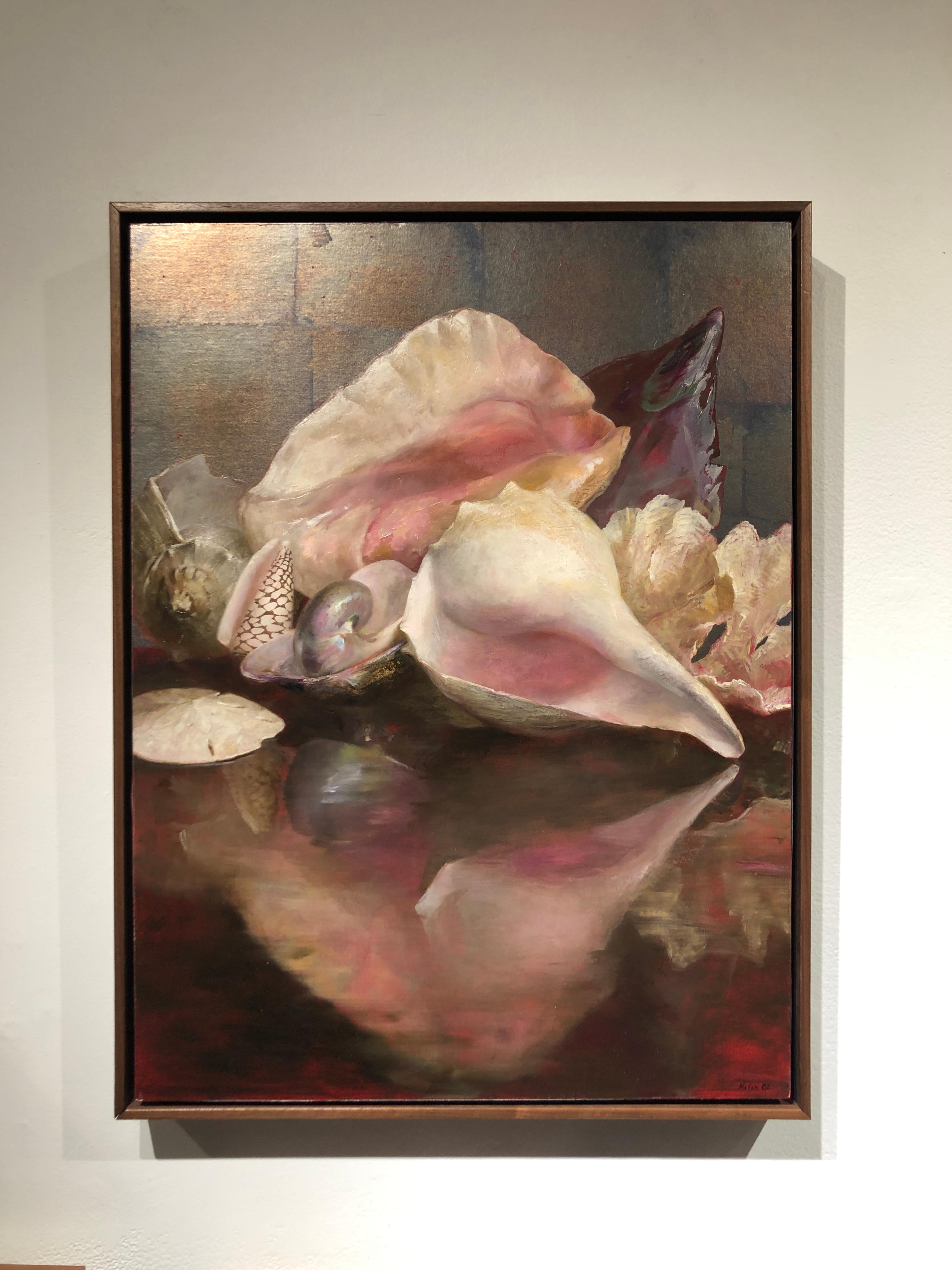 Seashells are clustered into a group with the entire composition reflected softly on the table.  The pearled interiors of the shells are painted with such delicate care, one can almost feel their silky texture.  To give the painting a richness and