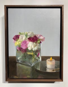 Still Life with a Candle -Glass Vase of Pink & White Flowers with Burning Candle