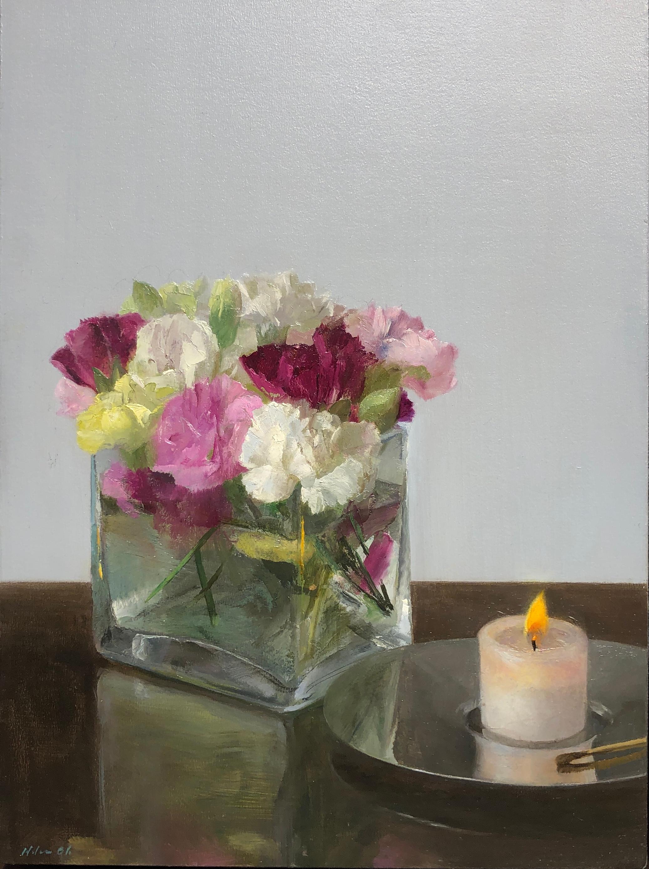 Still Life with a Candle -Glass Vase of Pink & White Flowers with Burning Candle - Painting by Helen Oh