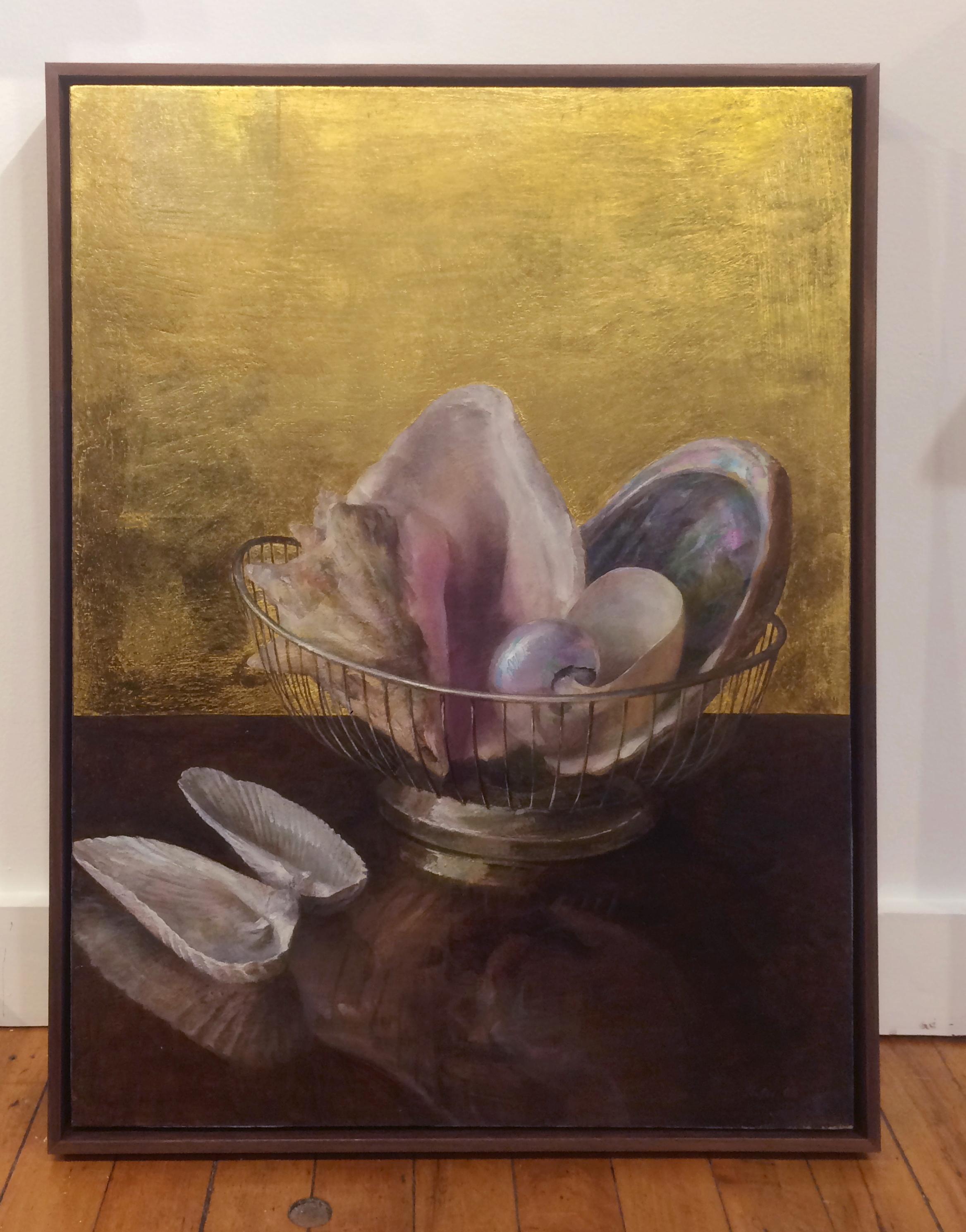 Still Life with Angel Wing Shells - Shell Collection w/ 23K Gold Leaf Backdrop - Painting by Helen Oh