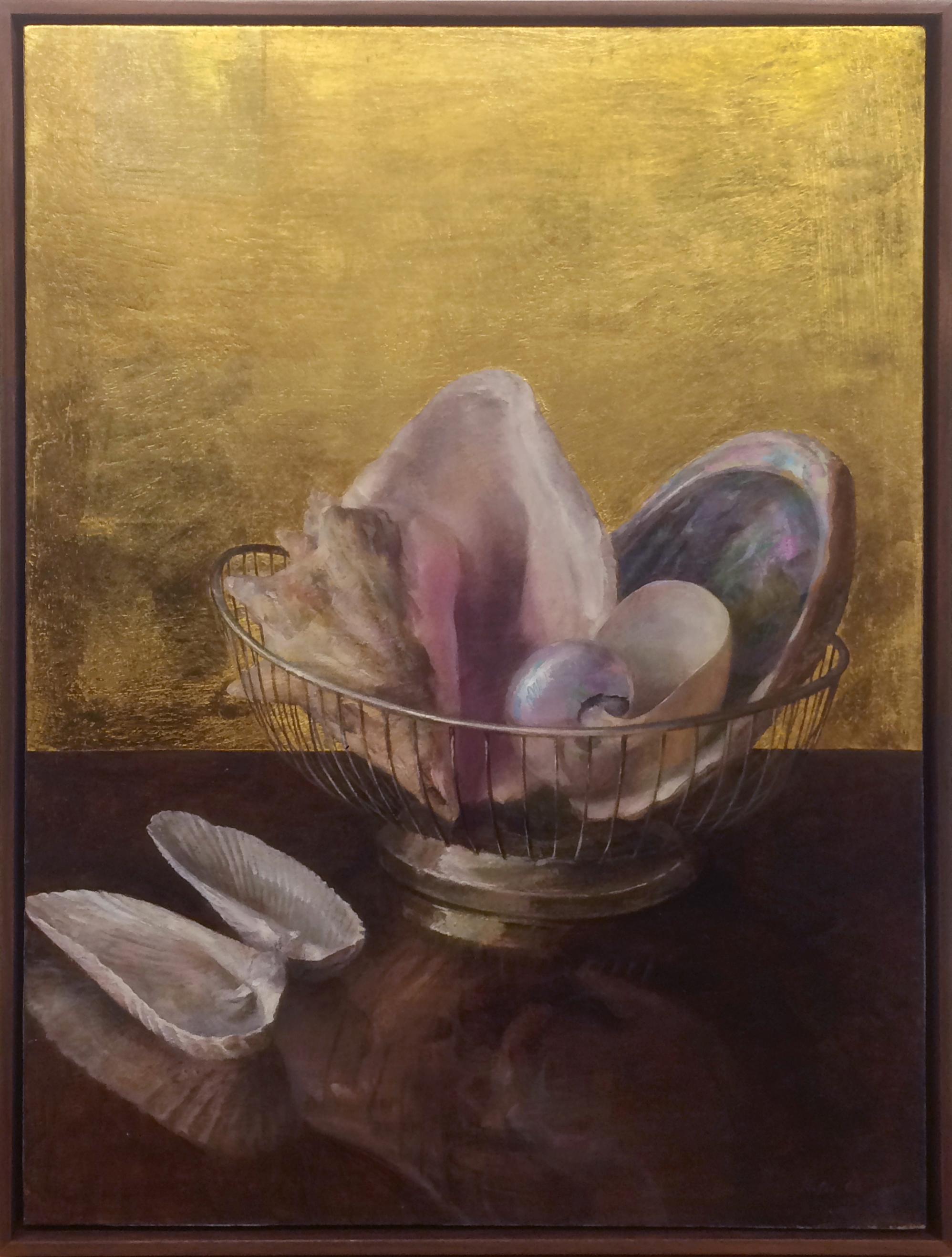Helen Oh Animal Painting - Still Life with Angel Wing Shells - Shell Collection w/ 23K Gold Leaf Backdrop