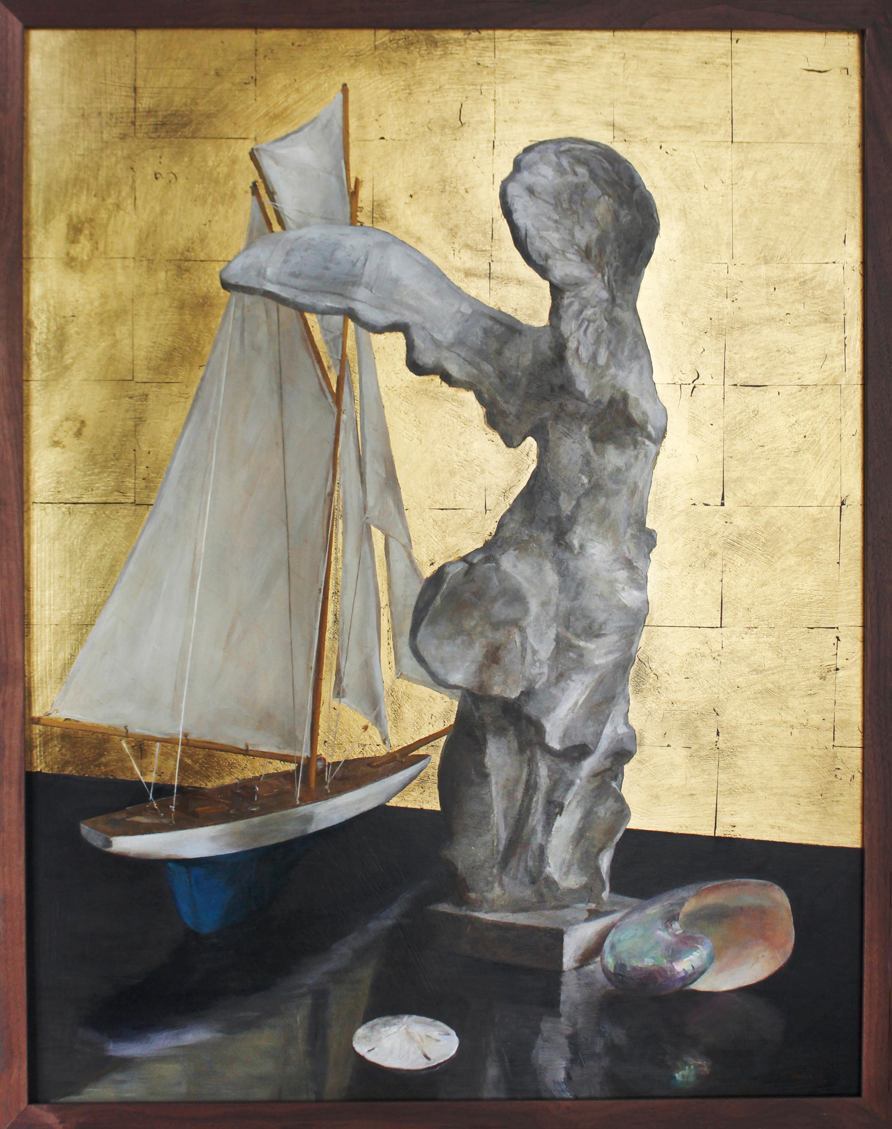 Helen Oh Still-Life Painting - Still Life with Nike and Sailboat - Oil Painting with 23K Gold Leaf Backdrop
