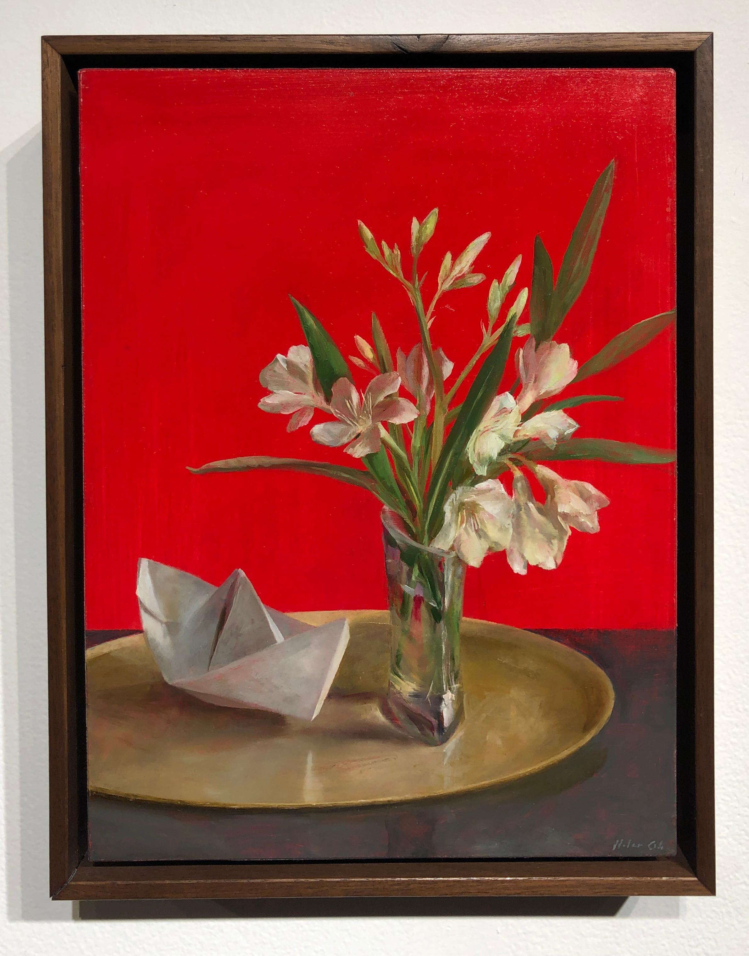 Still Life with Oleander - White Flowers on a Gold Tray with a Paper Boat - Painting by Helen Oh