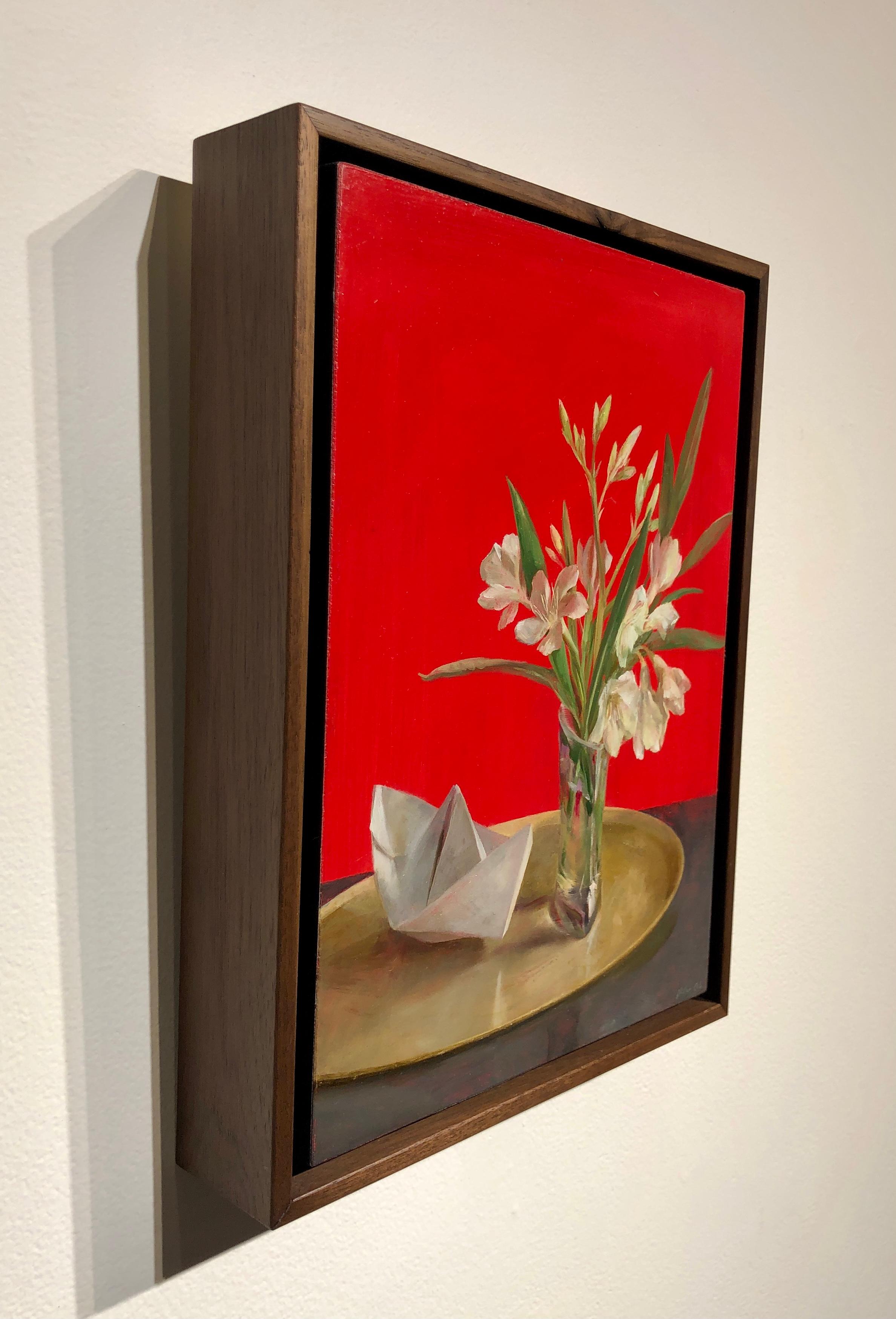 Still Life with Oleander - White Flowers on a Gold Tray with a Paper Boat - Red Still-Life Painting by Helen Oh
