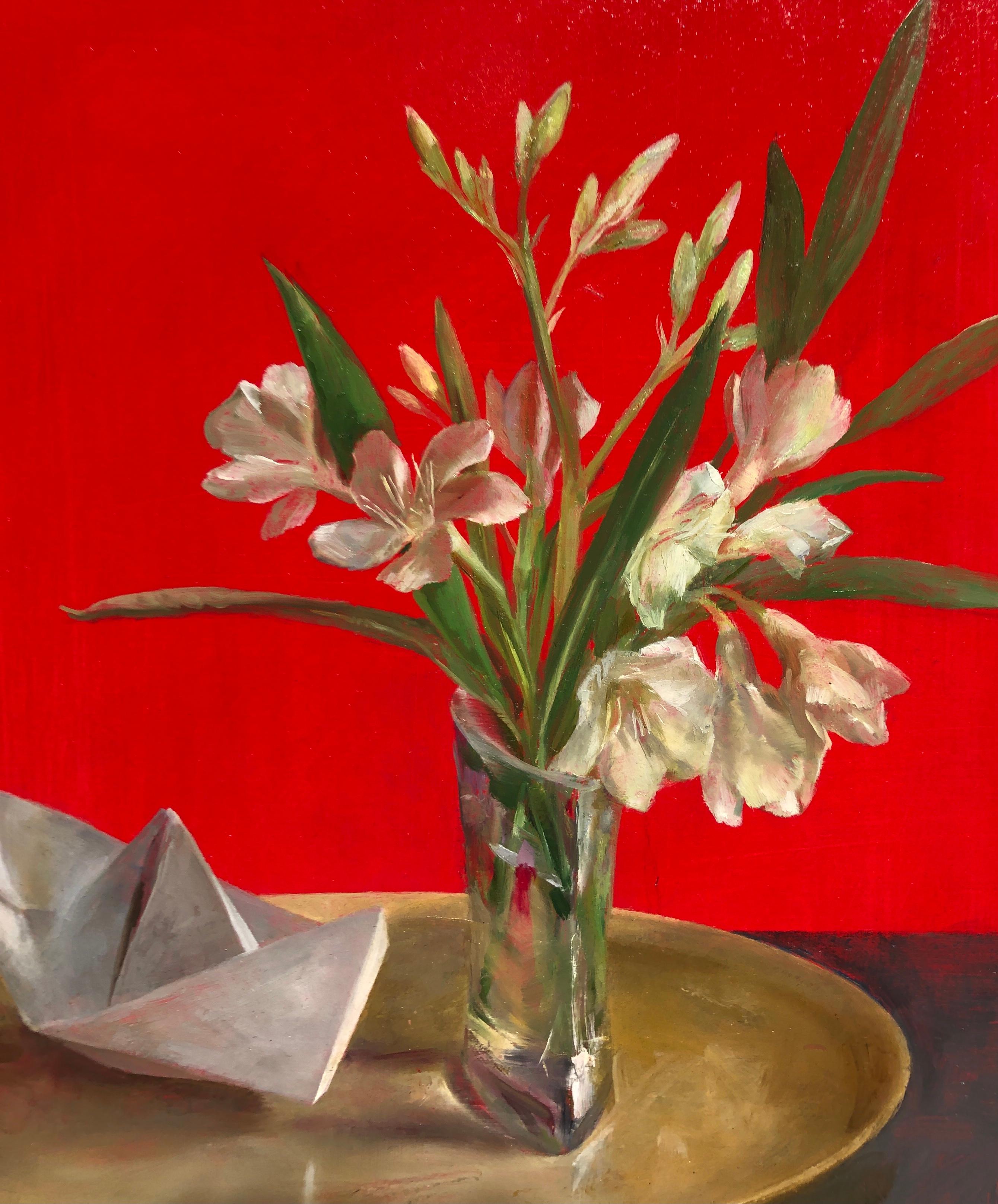 Helen Oh Still-Life Painting - Still Life with Oleander - White Flowers on a Gold Tray with a Paper Boat