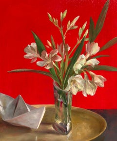 Still Life with Oleander - White Flowers on a Gold Tray with a Paper Boat