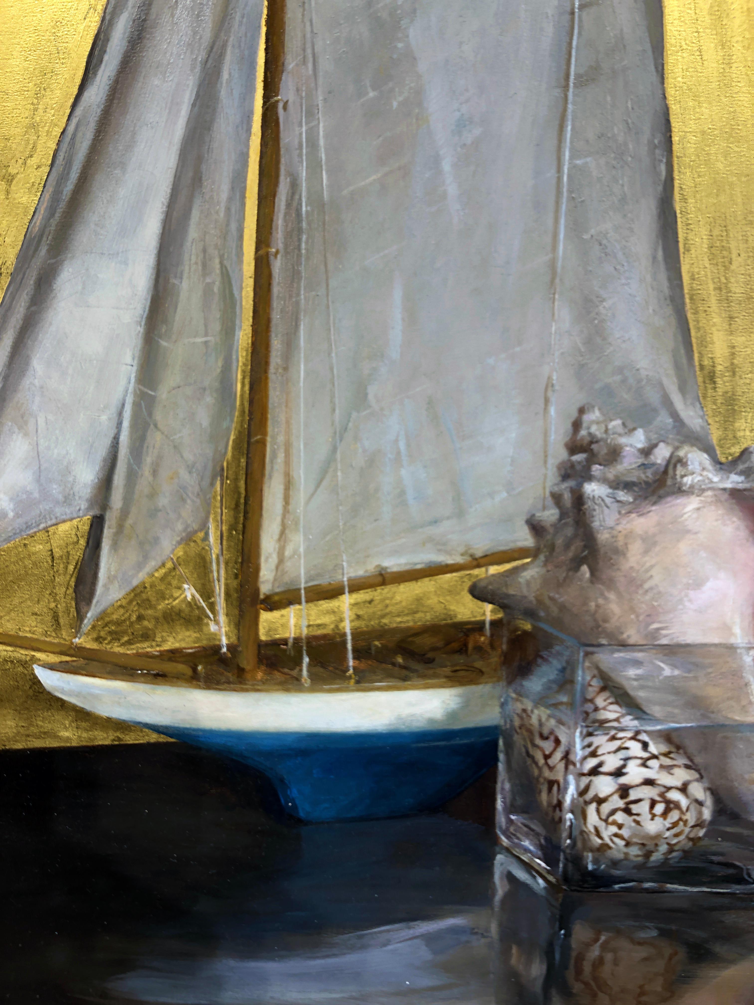 Still Life with Sail Boat on Gold Leaf, Original Nautical Oil Painting on Panel 6