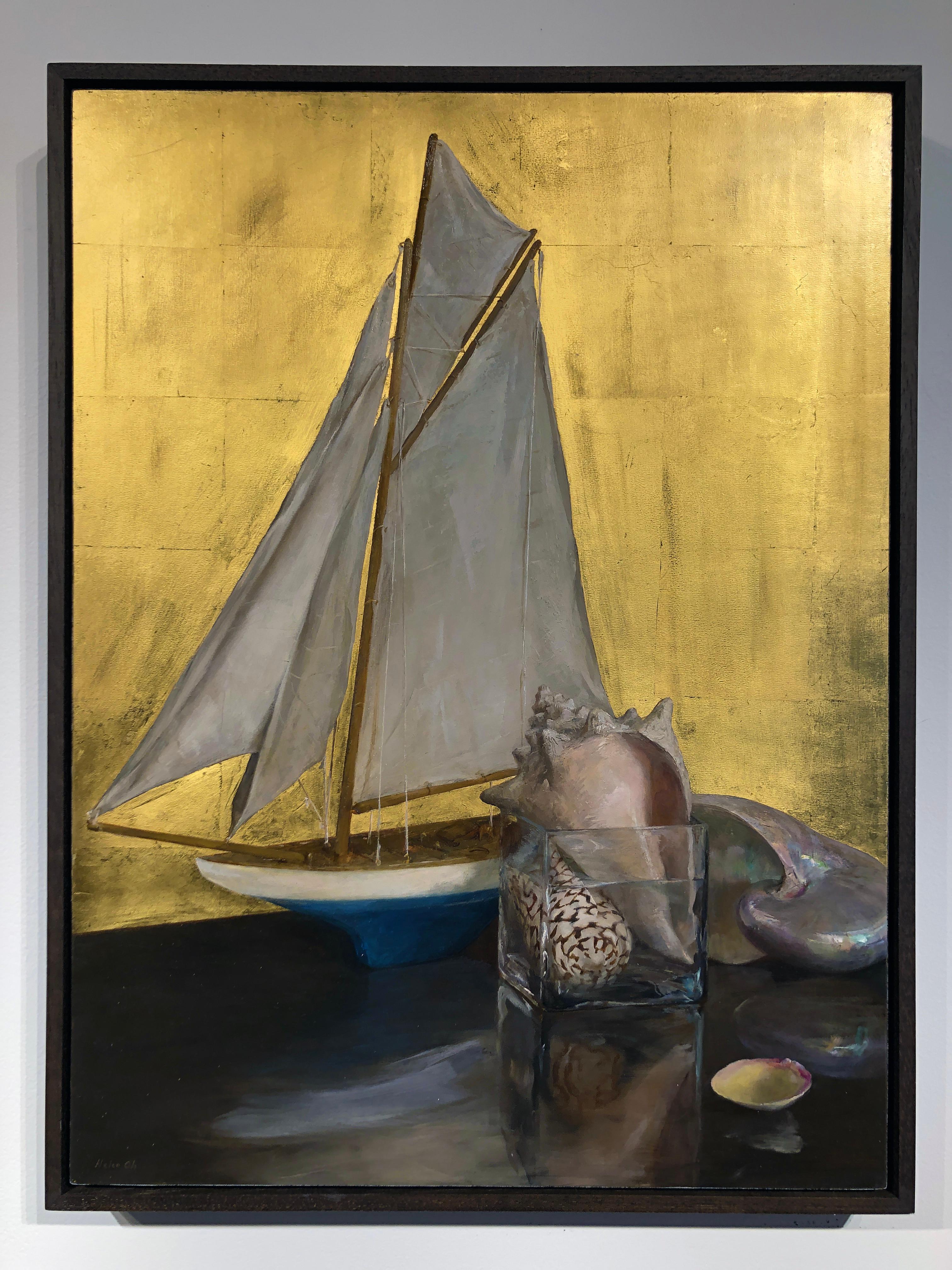 Still Life with Sail Boat on Gold Leaf, Original Nautical Oil Painting on Panel 9