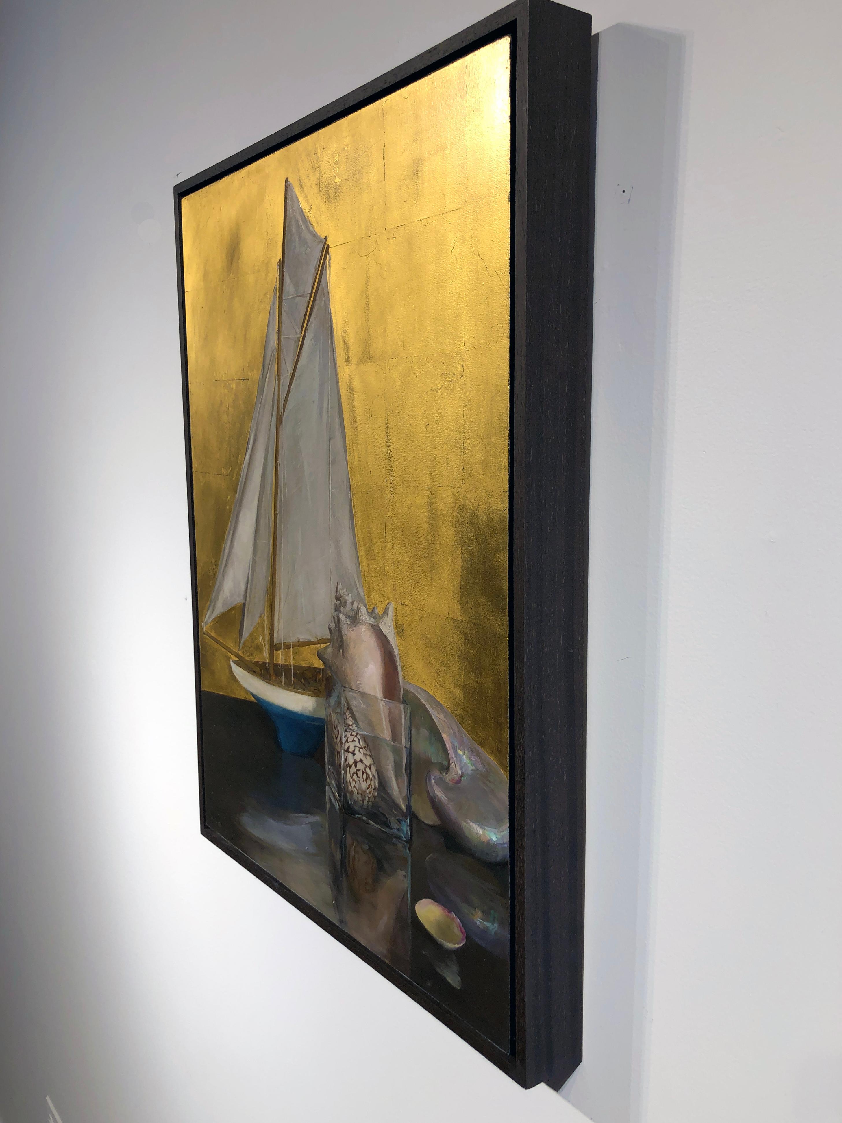 Still Life with Sail Boat on Gold Leaf, Original Nautical Oil Painting on Panel 10