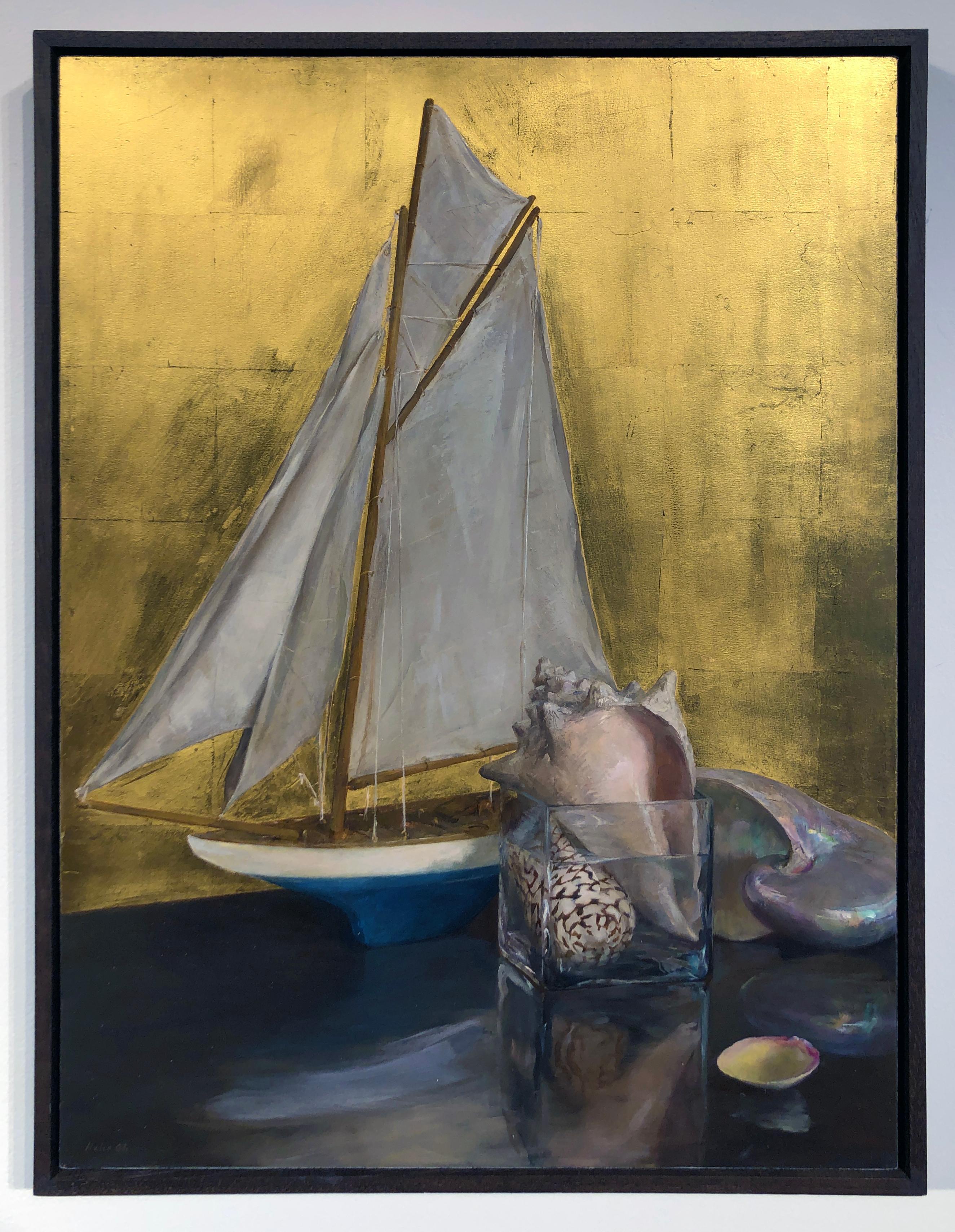 Still Life with Sail Boat on Gold Leaf, Original Nautical Oil Painting on Panel - Brown Still-Life Painting by Helen Oh