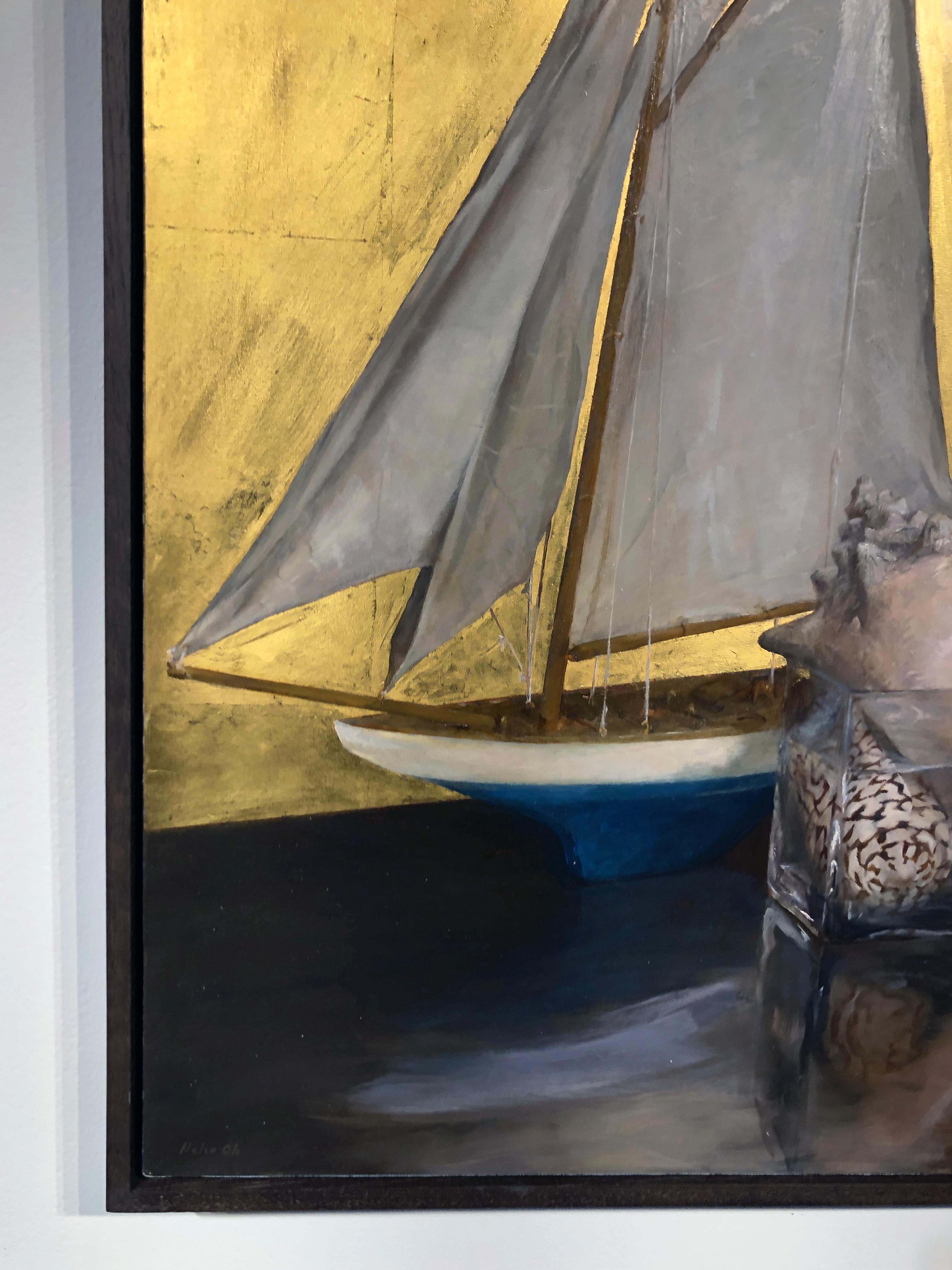 Still Life with Sail Boat on Gold Leaf, Original Nautical Oil Painting on Panel 3