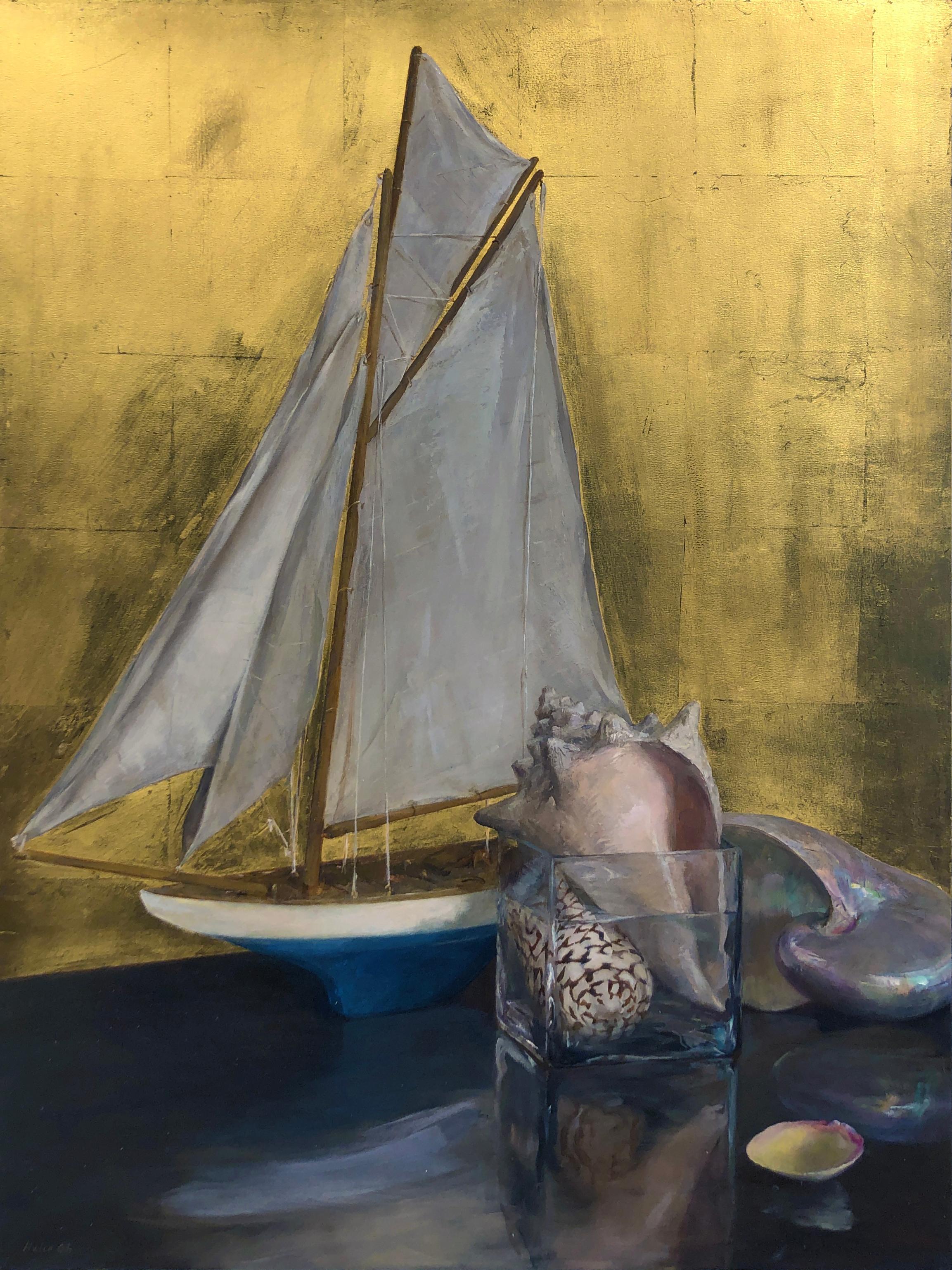 Helen Oh Still-Life Painting - Still Life with Sail Boat on Gold Leaf, Original Nautical Oil Painting on Panel