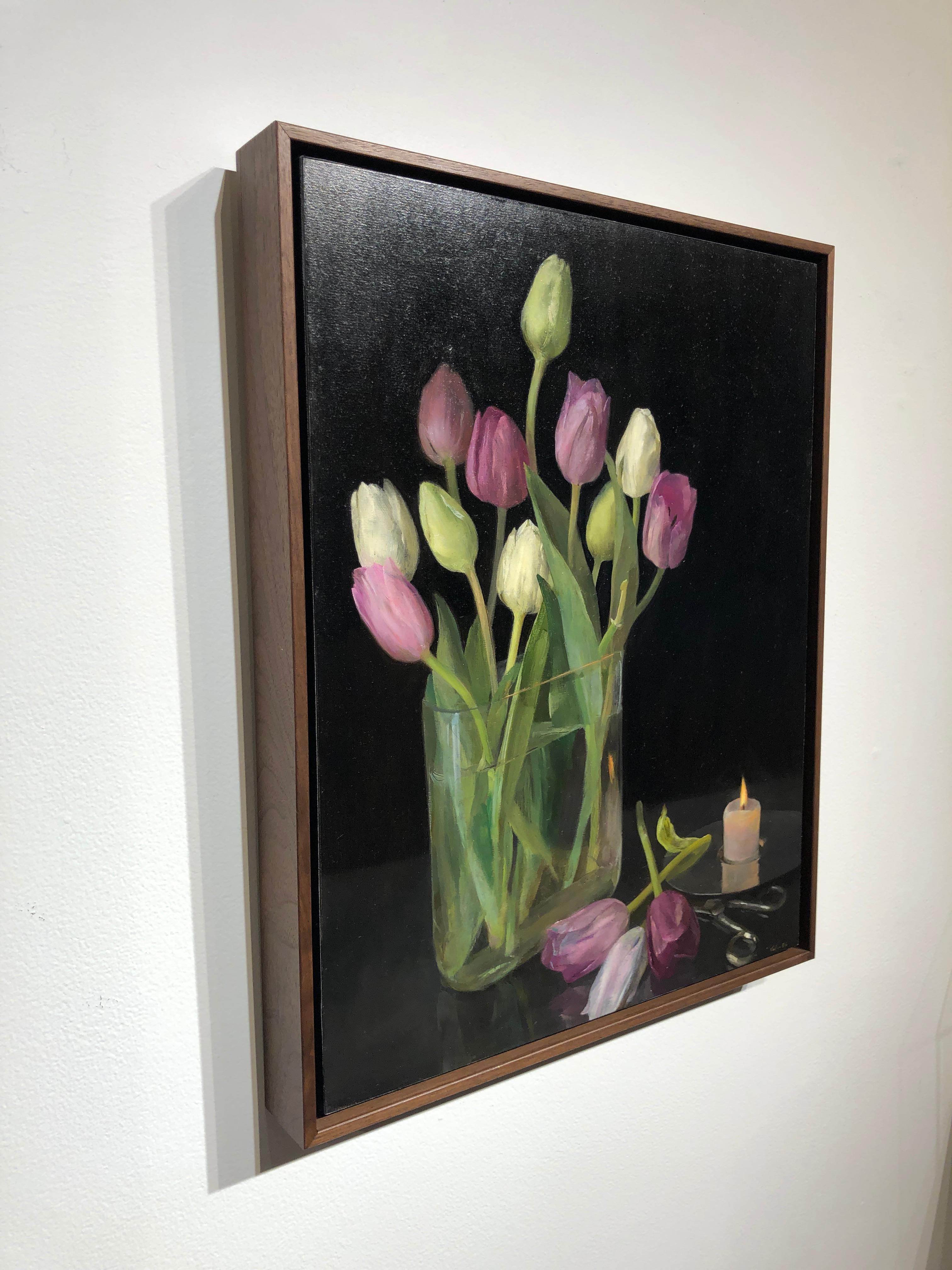 Still Life with Tulips, Glass Vase of Pastel Tulips, Scissors & Burning Candle - Black Still-Life Painting by Helen Oh